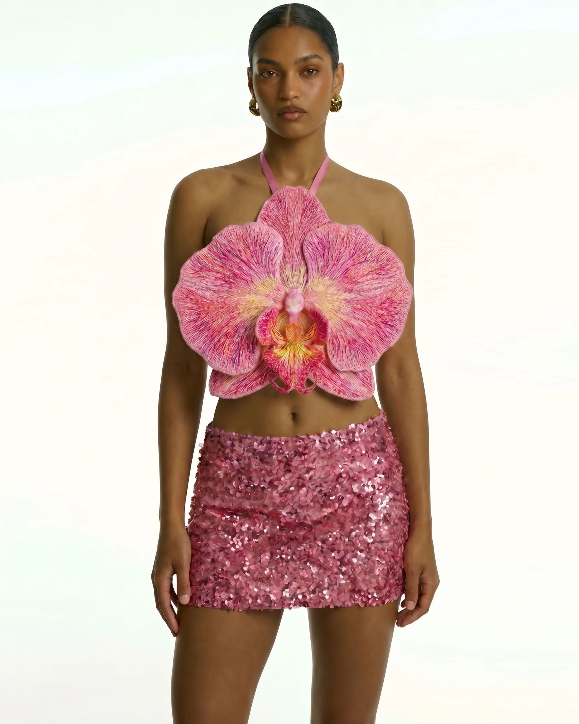 Kurzes Crop-Top mit 3D-Orchideenmuster und Neckholder - Pink