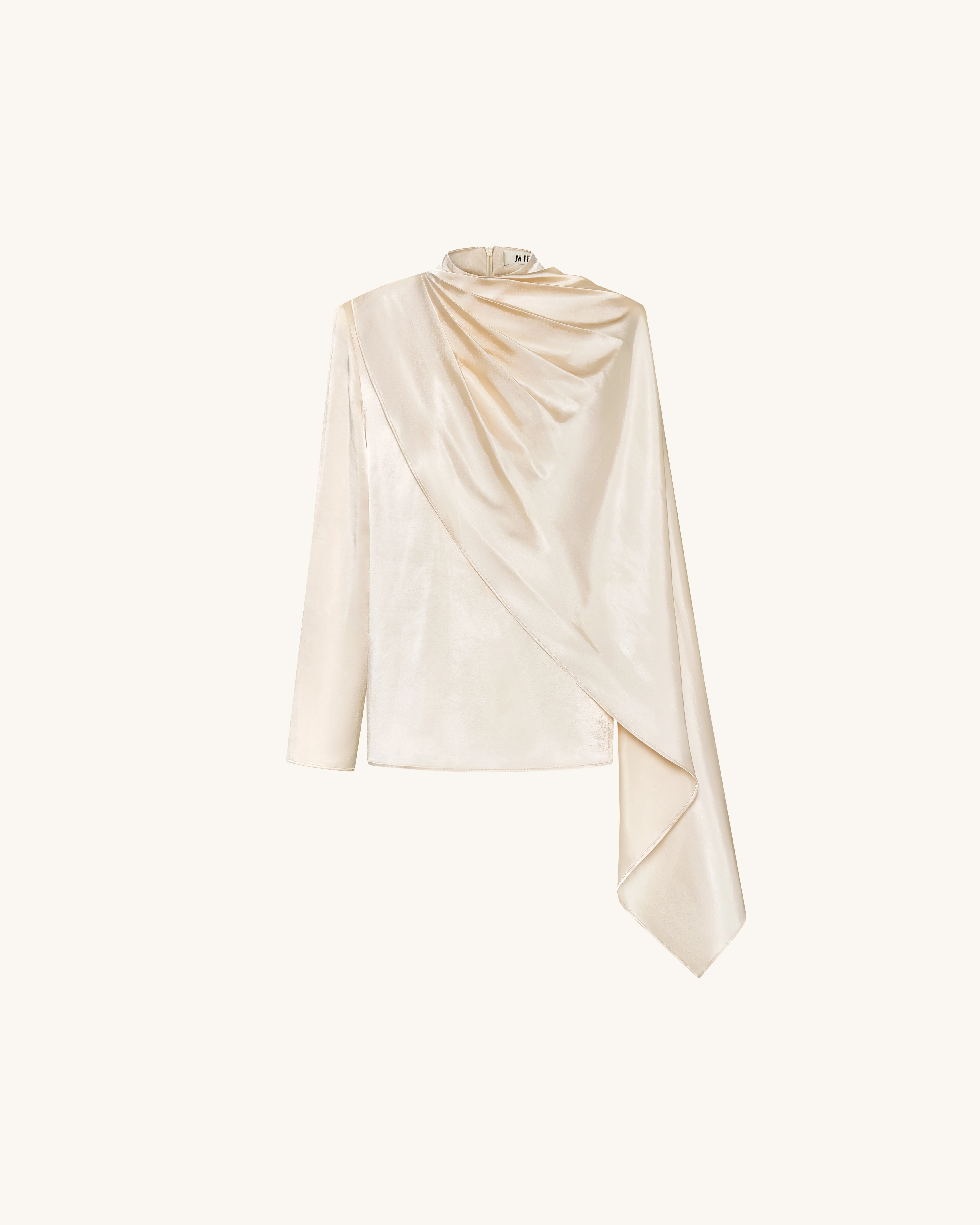 Asymmetrisches Cape-Oberteil mit hohem Kragen und Drapierung - Creme - Image 3
