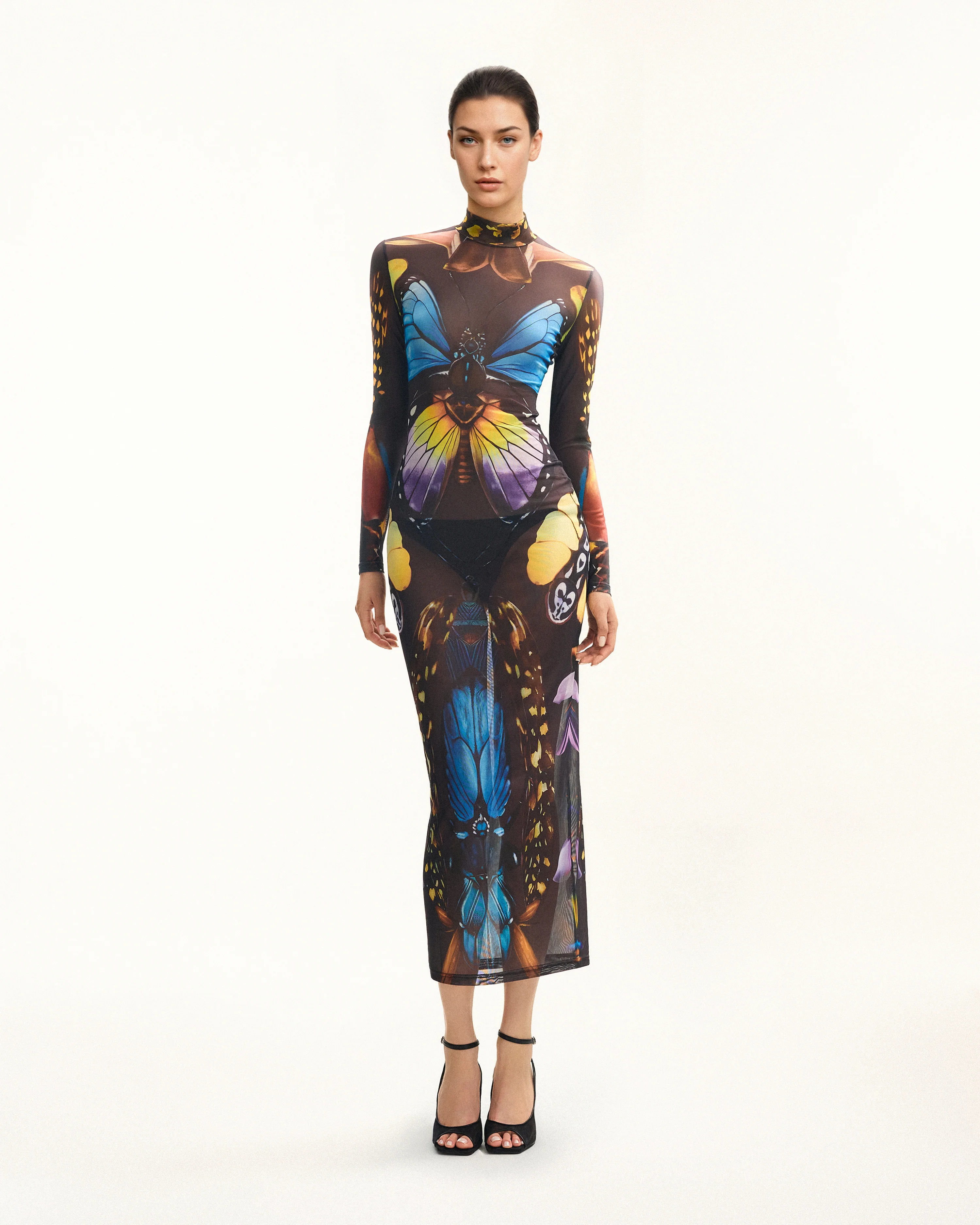 Schmetterlings-Mesh-Maxikleid – Mehrfarbig