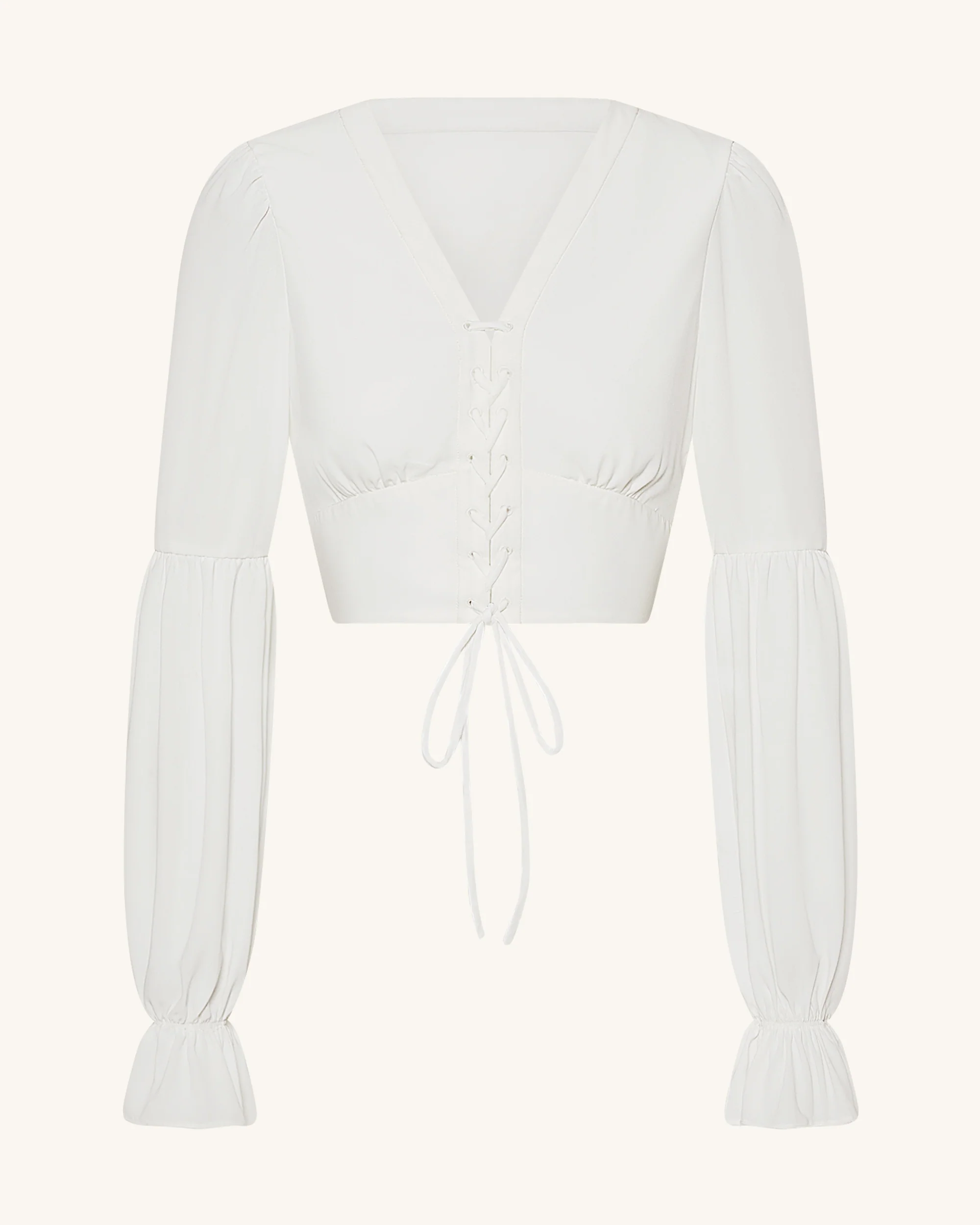 Kurze Chiffonbluse mit Laternenärmeln und Bindedetail vorne - Weiß - Image 3