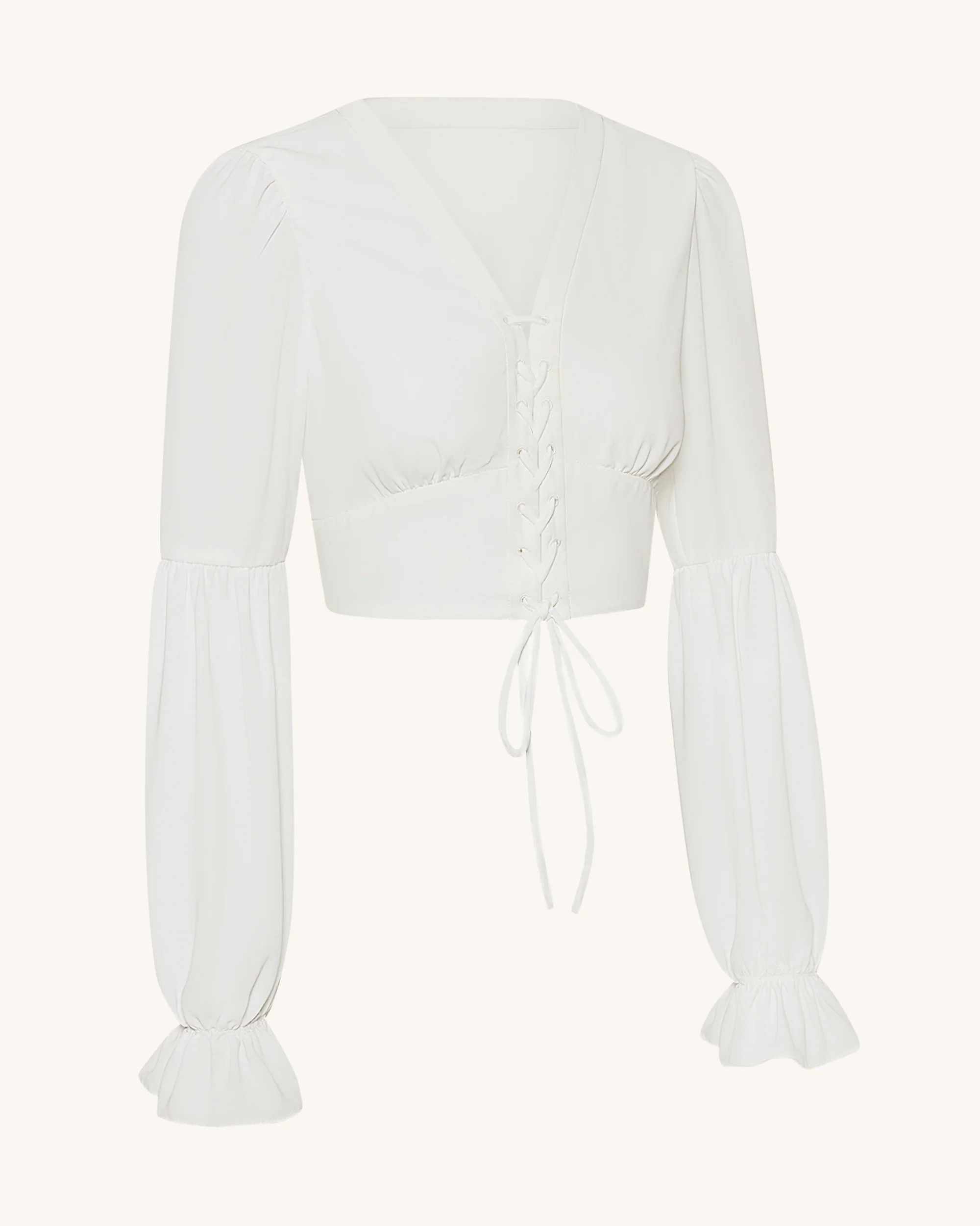 Kurze Chiffonbluse mit Laternenärmeln und Bindedetail vorne - Weiß - Image 4
