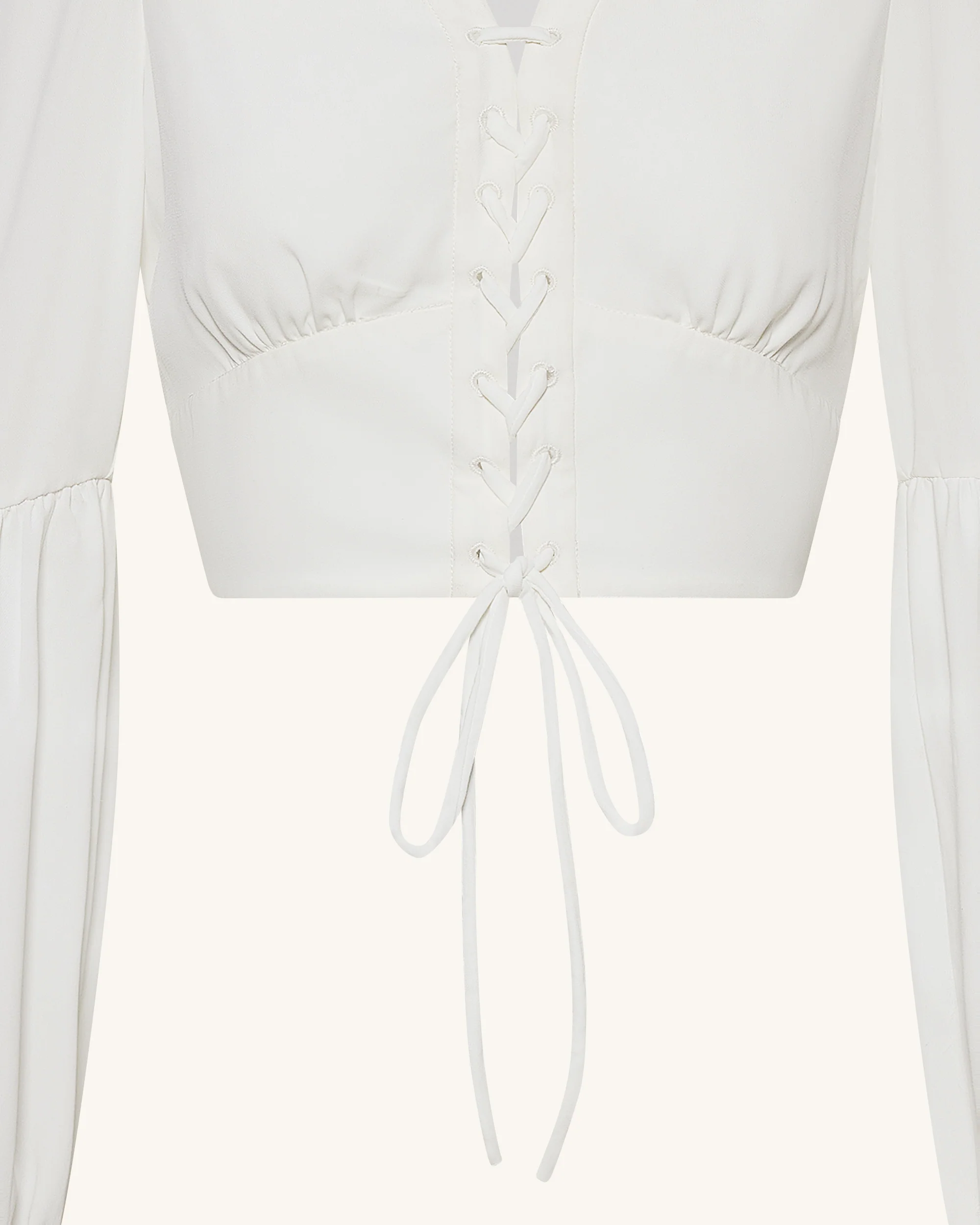 Kurze Chiffonbluse mit Laternenärmeln und Bindedetail vorne - Weiß - Image 6