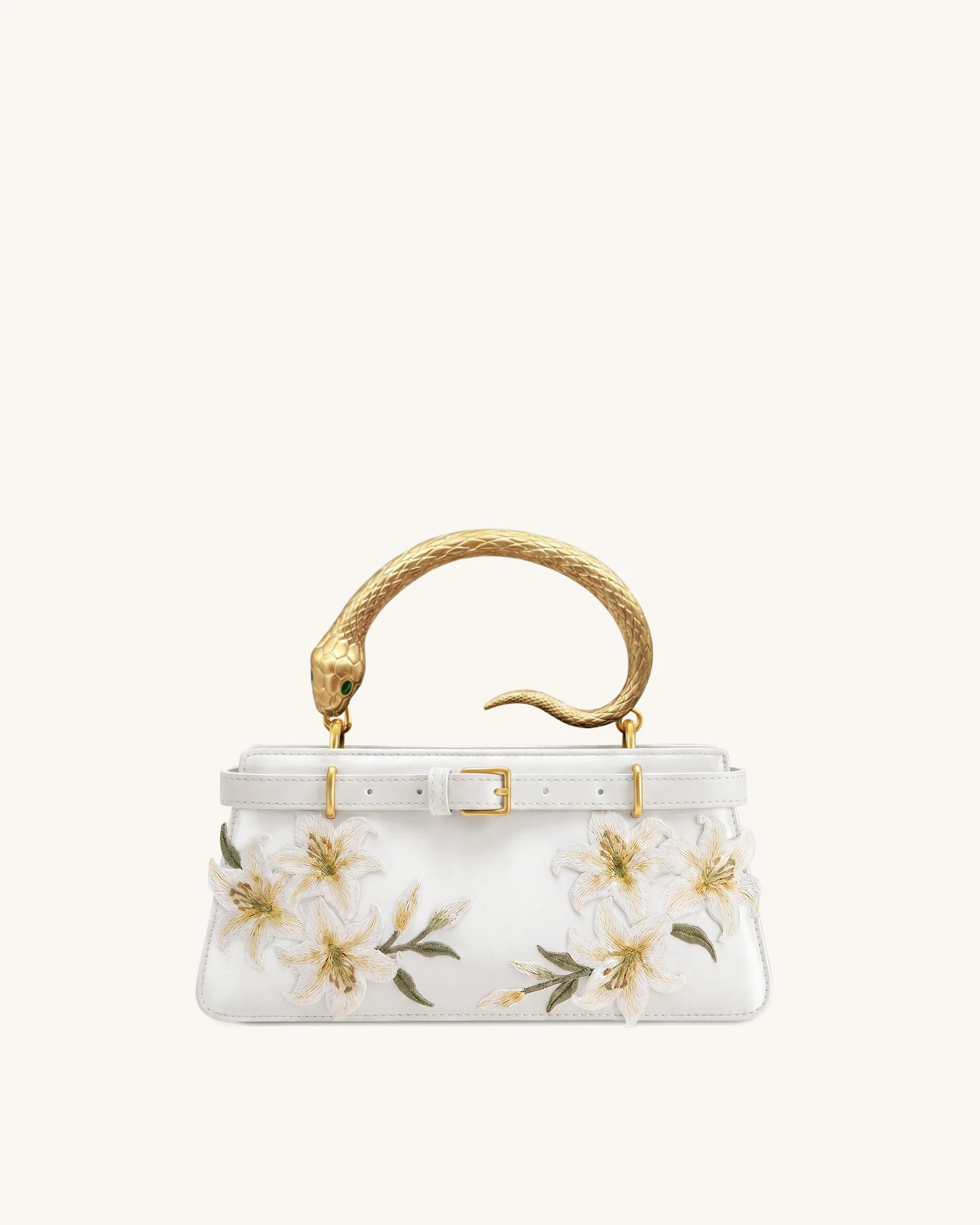 Elena Henkeltasche mit Lilien-Stickerei und Schlangengriff - Weiß