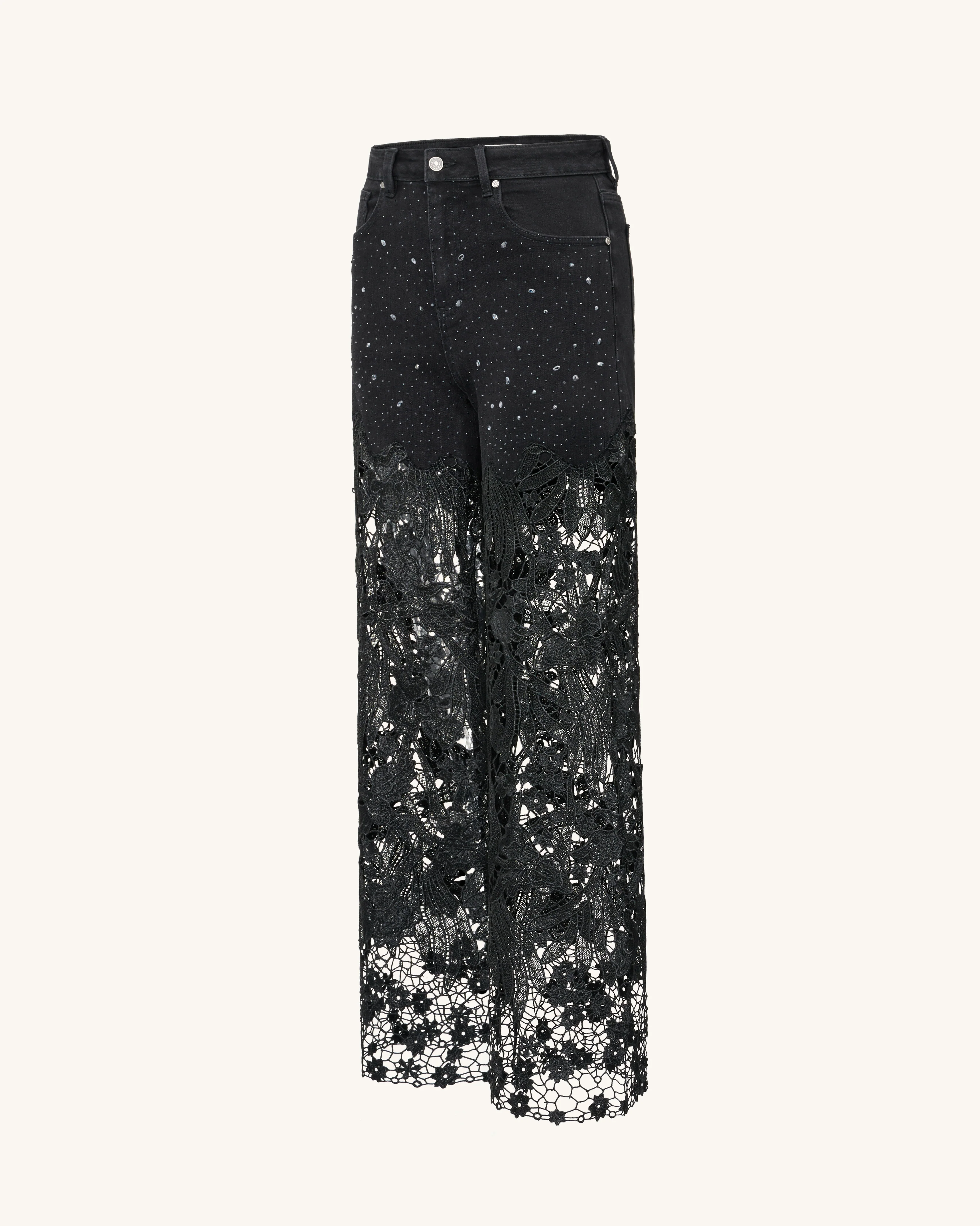 Bestickte Jeans mit hoher Taille und weitem Bein aus Spitzendenim mit Strass – Schwarz - Image 3