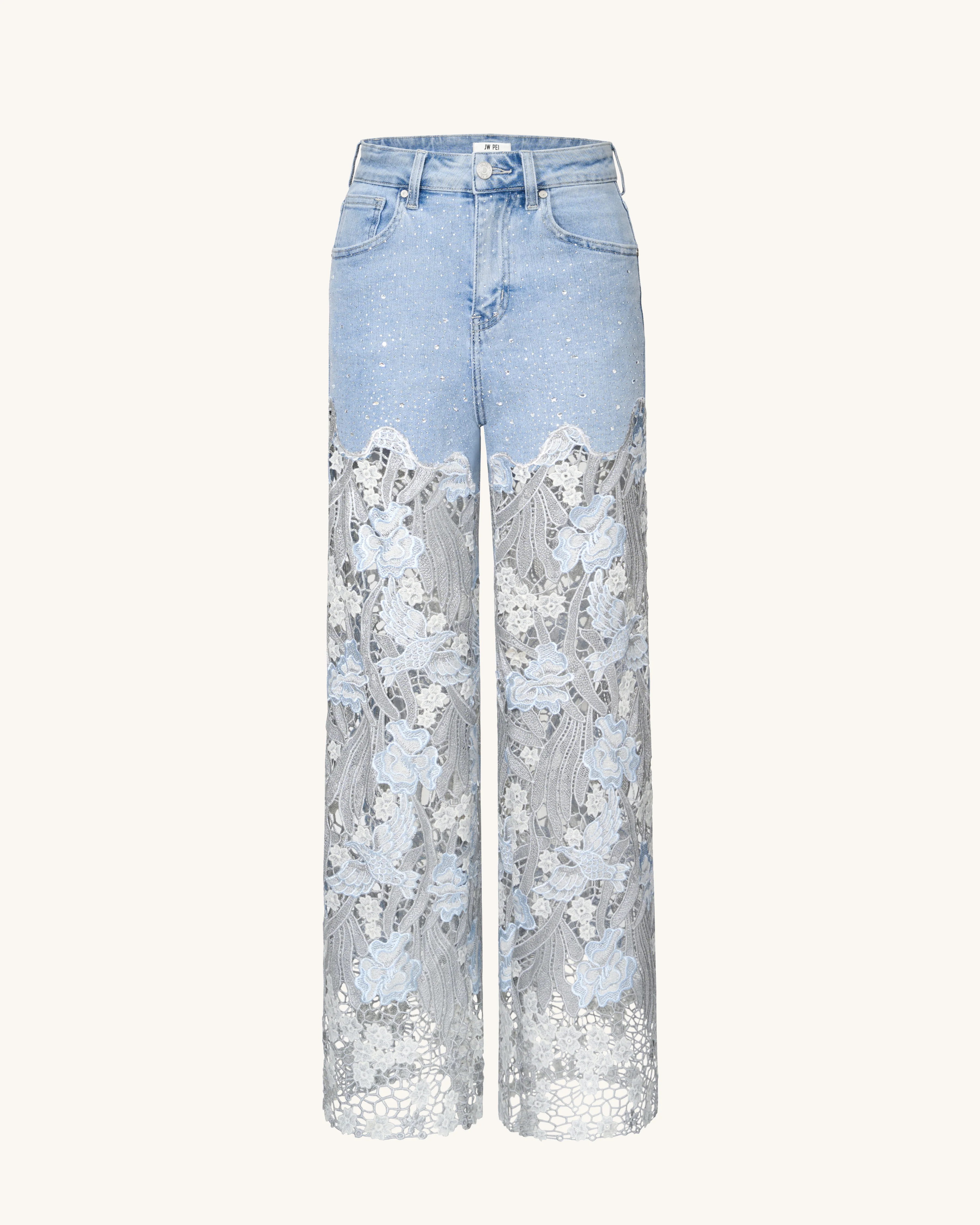 Bestickte Jeans mit hoher Taille und weitem Bein aus Spitzendenim mit Strass – Hellblau - Image 2