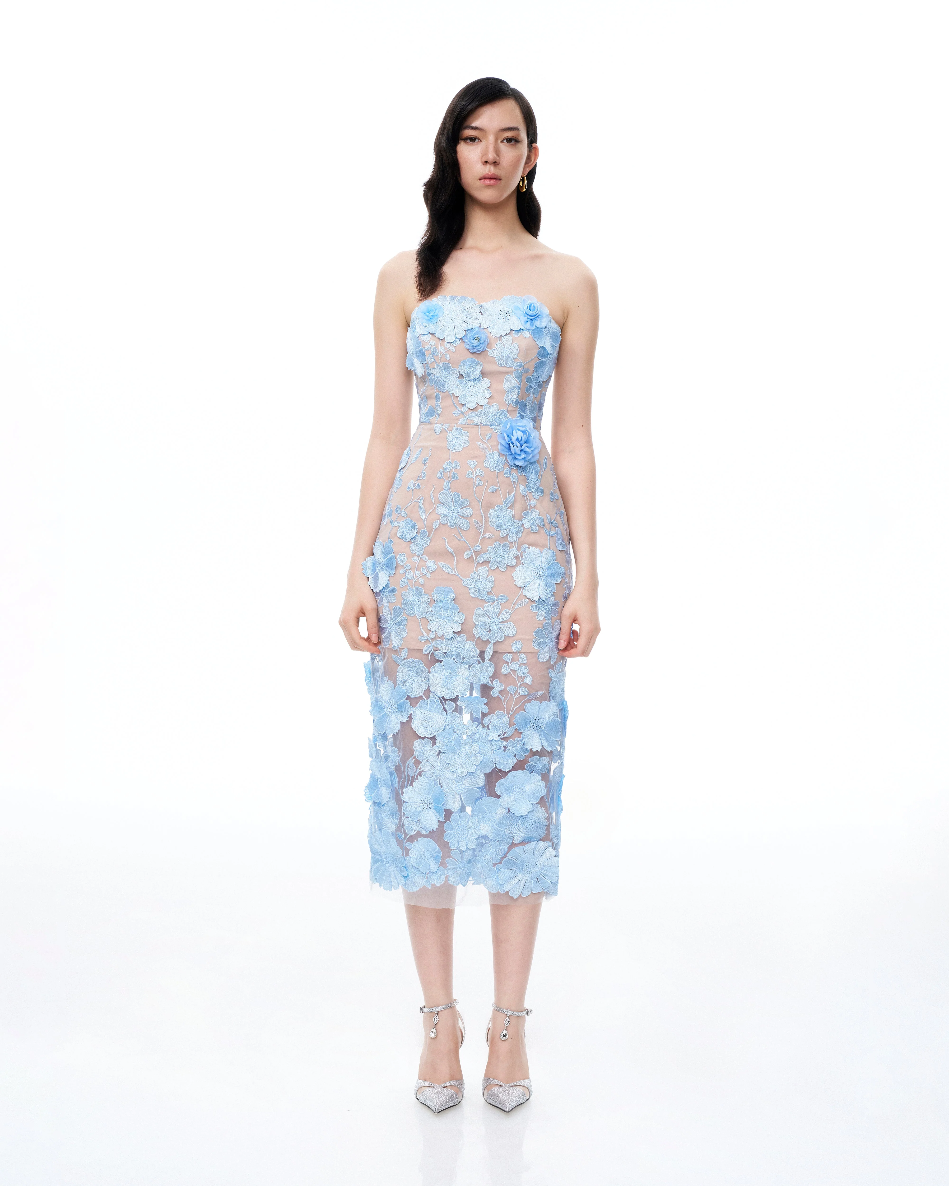 Evander 3D-Blumenstickerei-Maxikleid – Blau