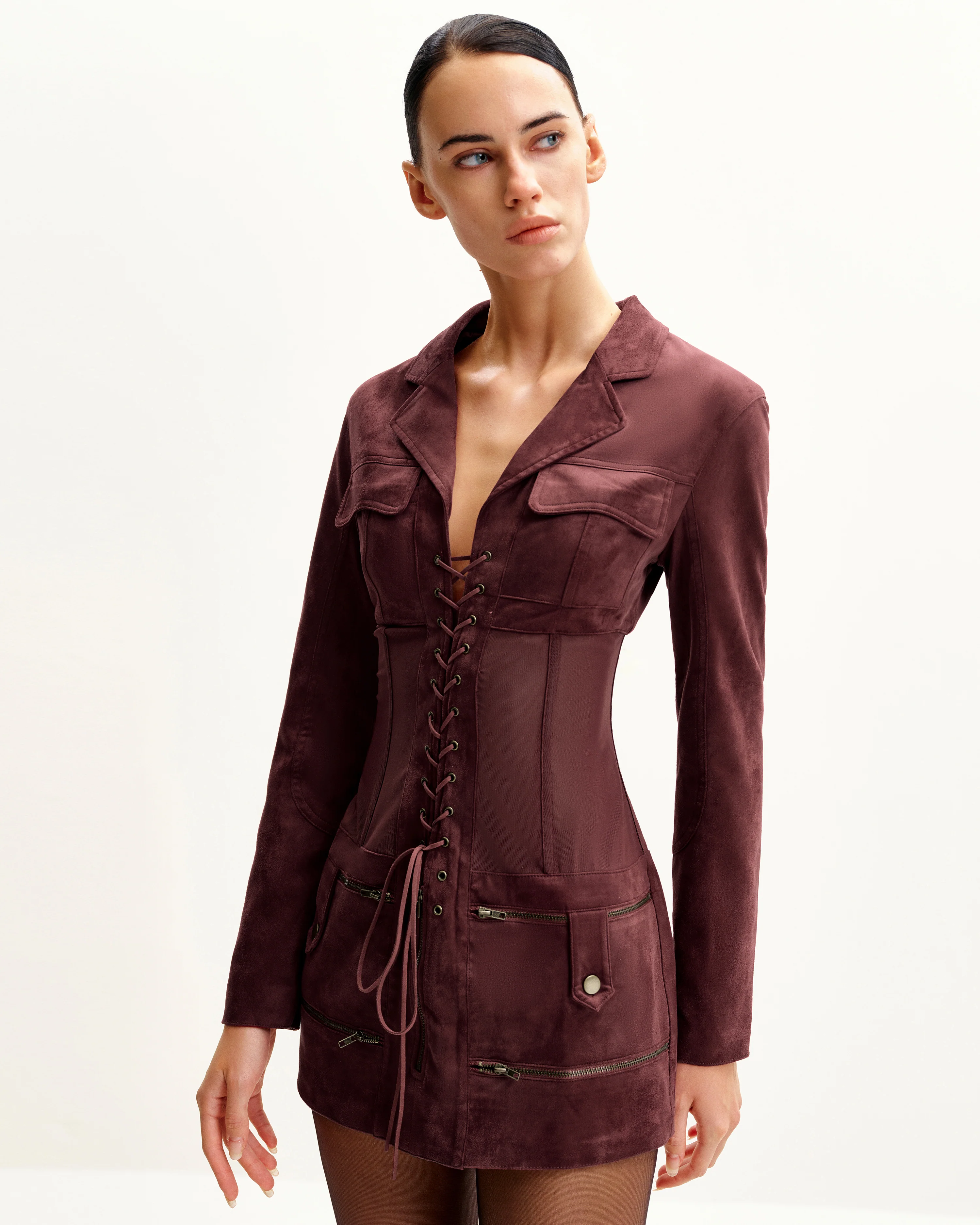 Mini-Kleid mit Korsett-Jacke aus Kunstwildleder - Dunkelrot - Image 3