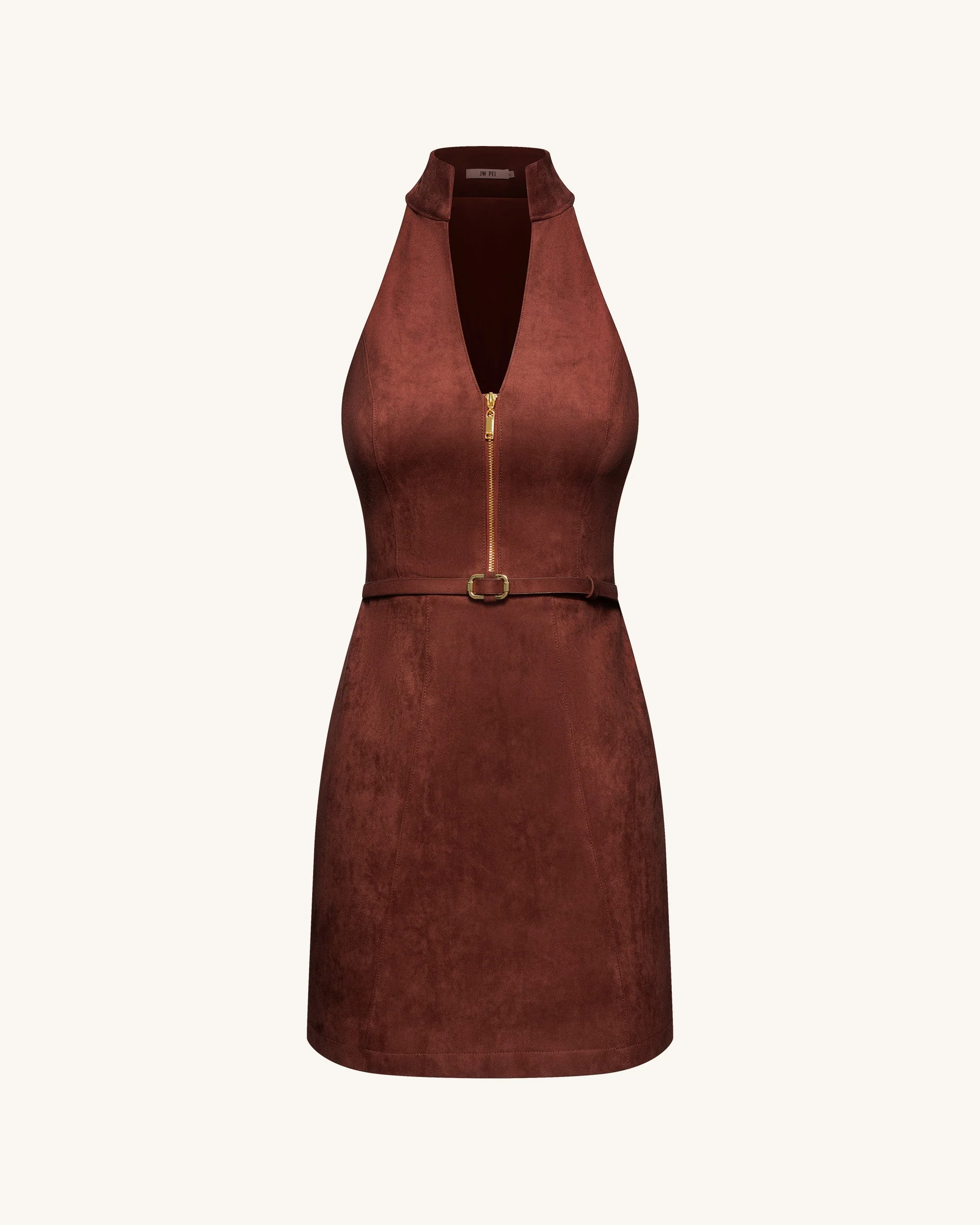 Minikleid mit Reißverschluss vorn und Neckholder aus Wildlederimitat – Burgunder - Image 3