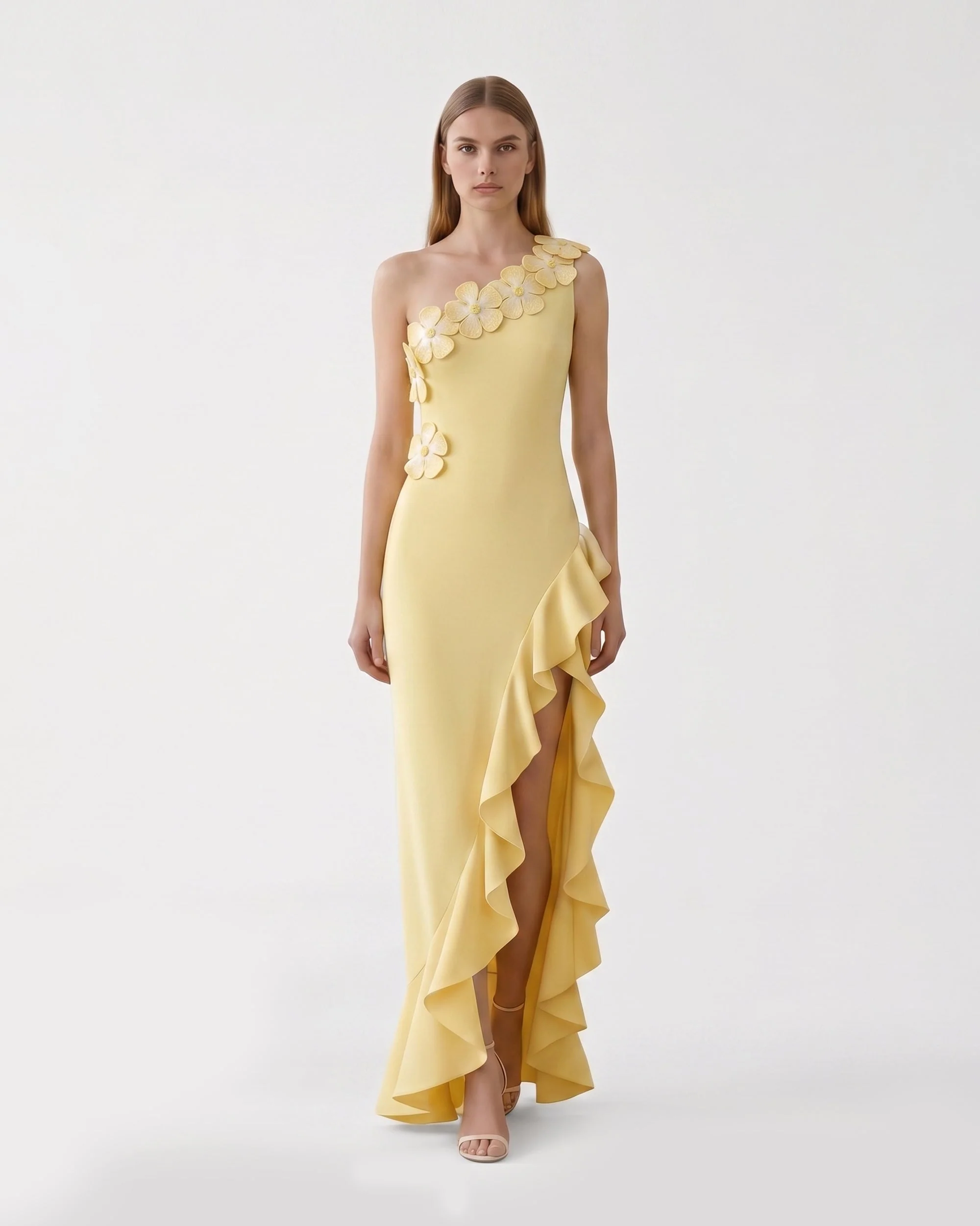One-Shoulder-Kleid mit Blumenapplikation, Rüschen und Schlitz - Gelb