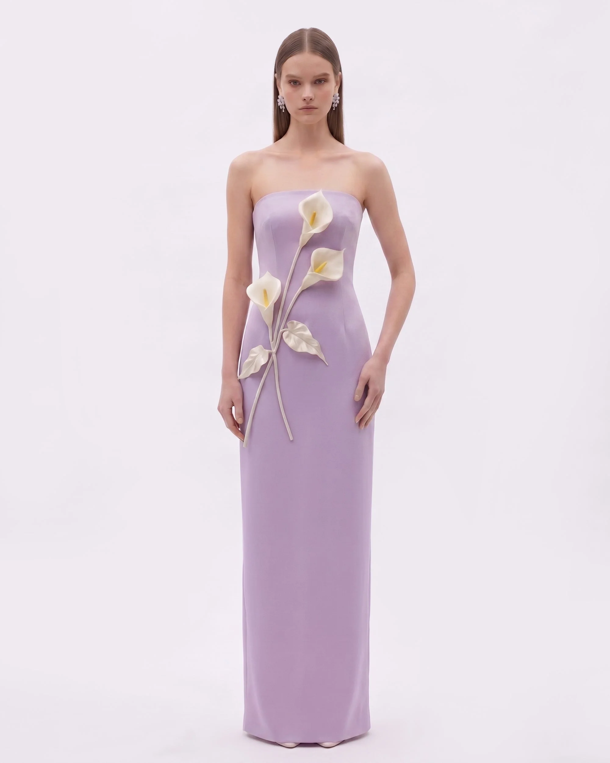 Trägerloses Kleid mit Blumenapplikationen - Lila