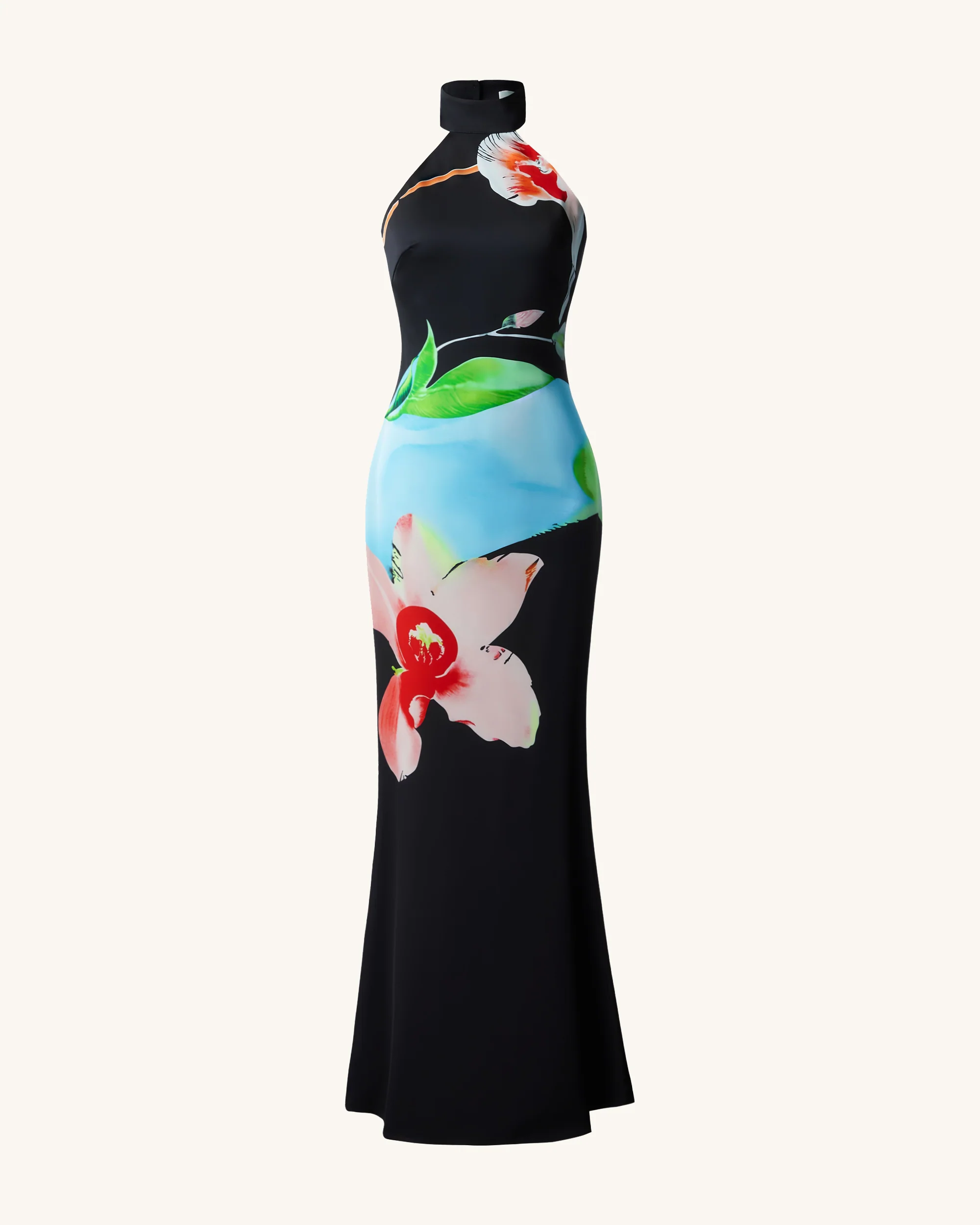 Satinkleid mit Blumenmuster und Neckholder – Schwarz Multicolor - Image 2