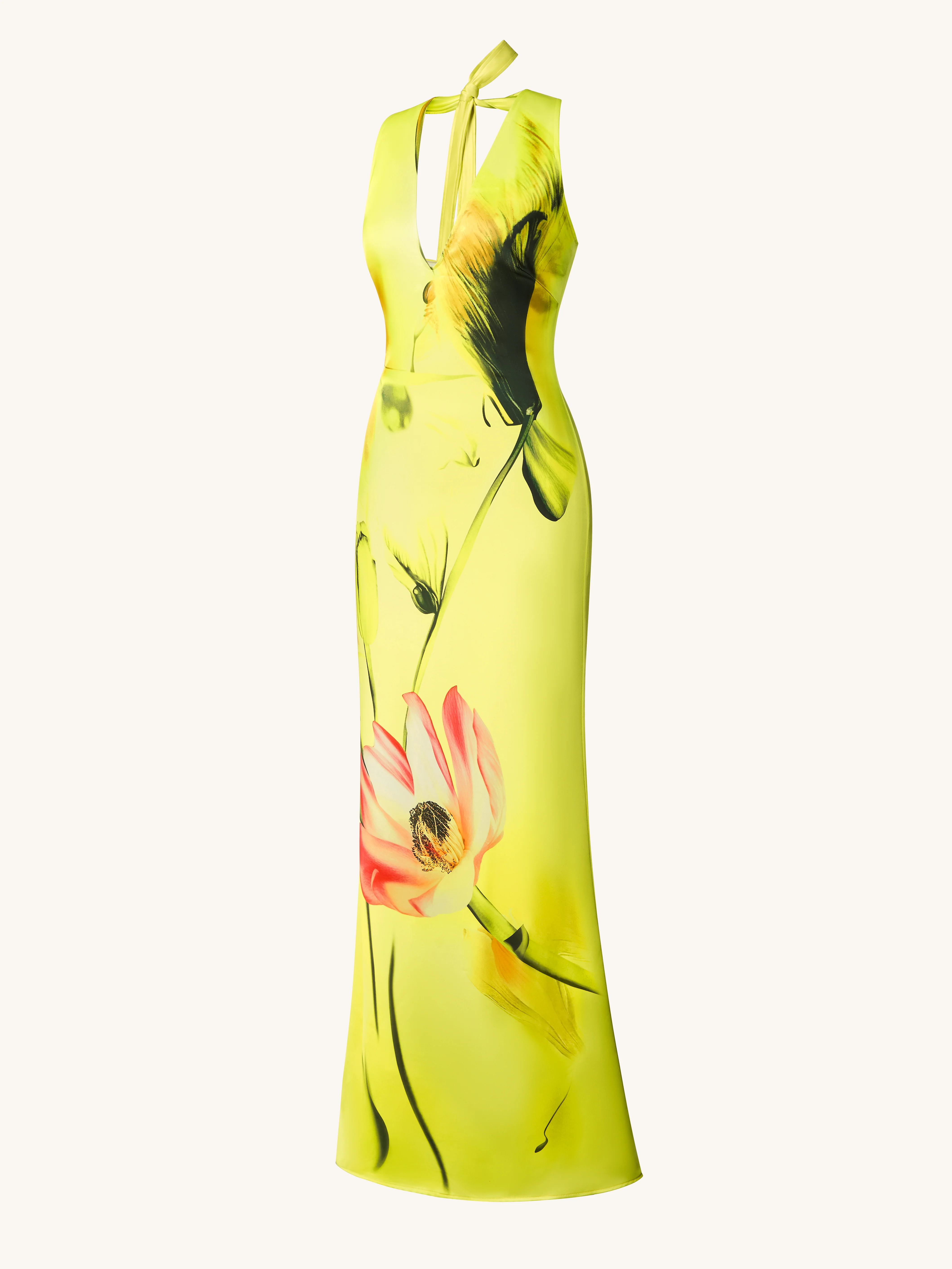 Satinkleid mit Blumenmuster und Neckholder – Gelb/Pink - Image 3