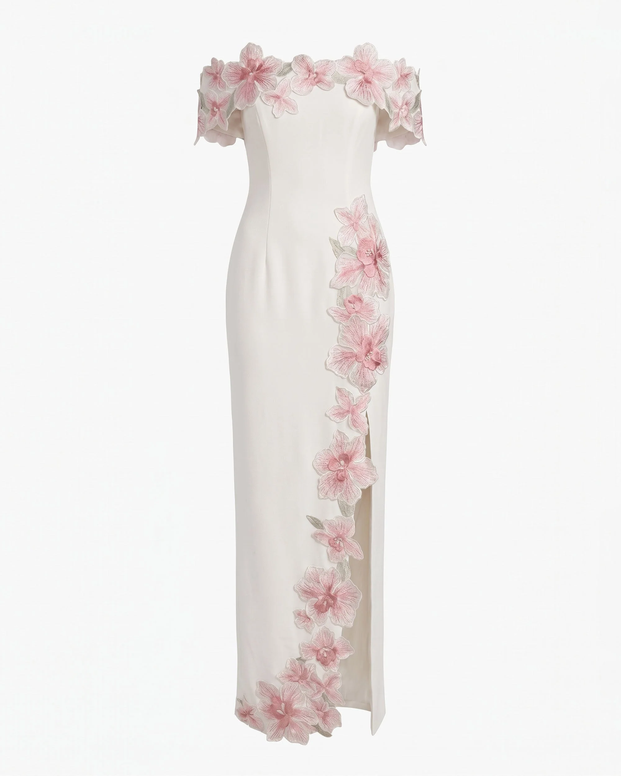 Schulterfreies Maxikleid mit Blumenbestickung - Elfenbein - Image 2