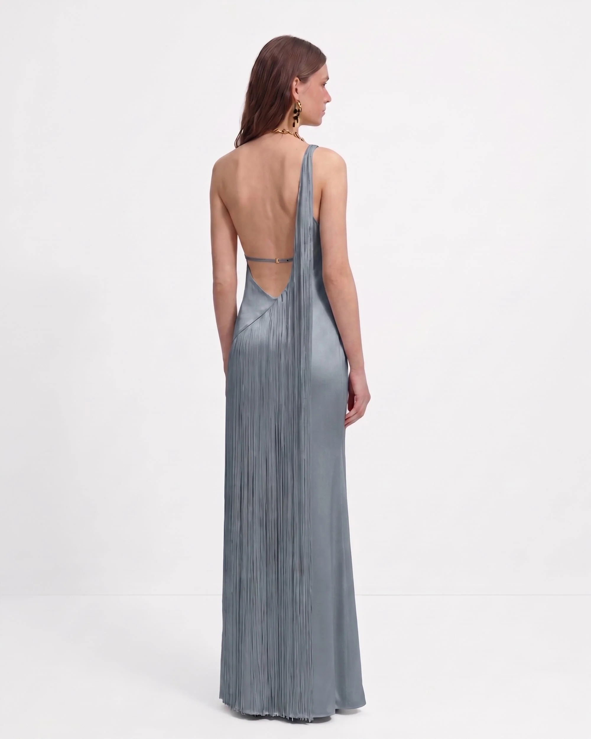 Fransen-One-Schulter-Maxikleid - Nebelblau