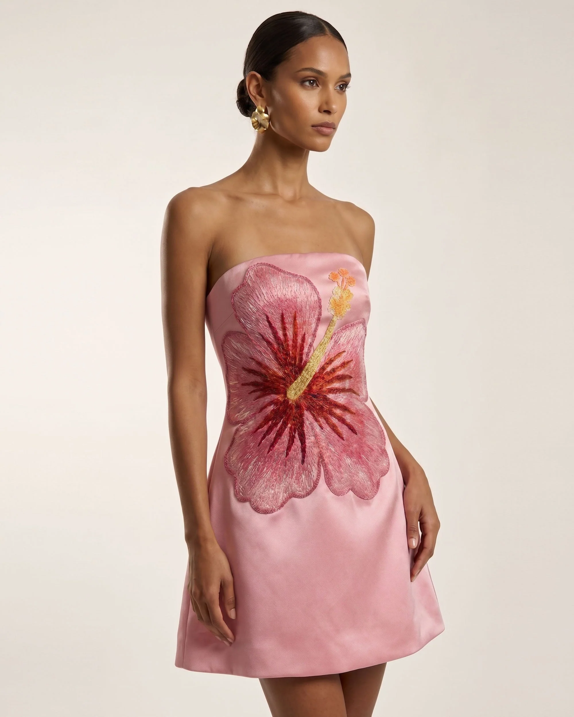 Besticktes Hibiskus-Bandeau-Minikleid - Pink