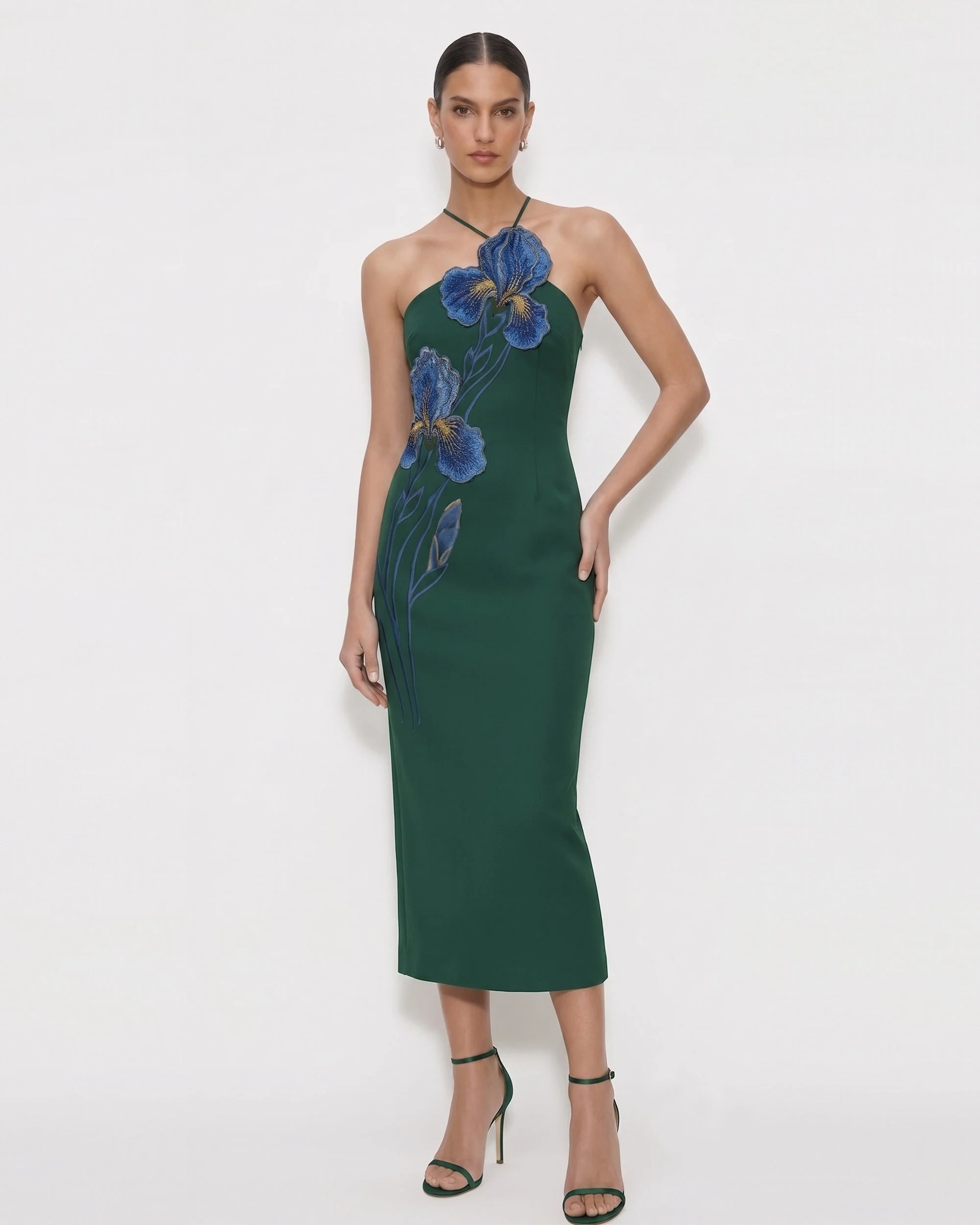 Iris Besticktes Neckholder-Midikleid - Dunkelgrün