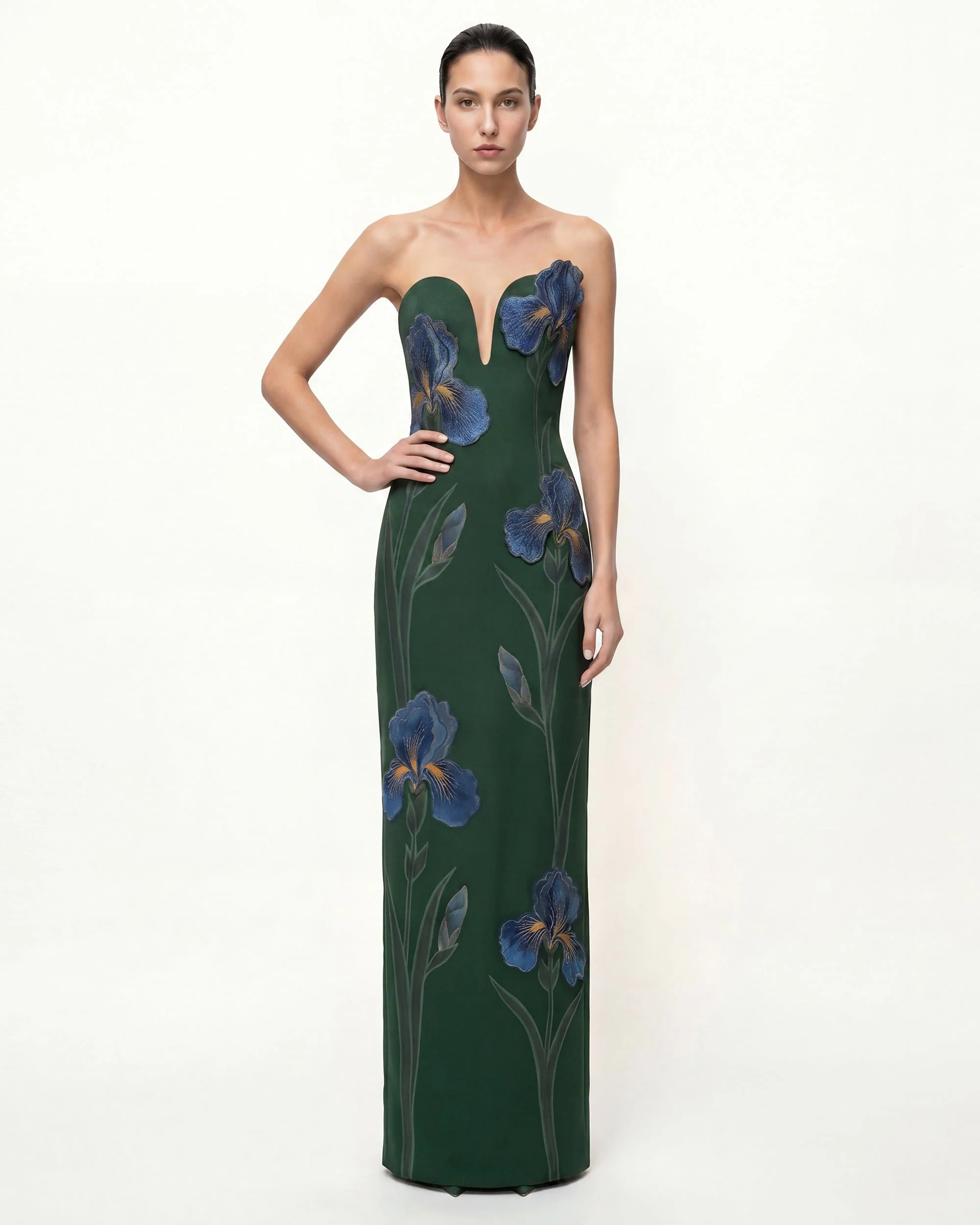 Iris Besticktes trägerloses Maxikleid mit Kerbausschnitt - Smaragdgrün