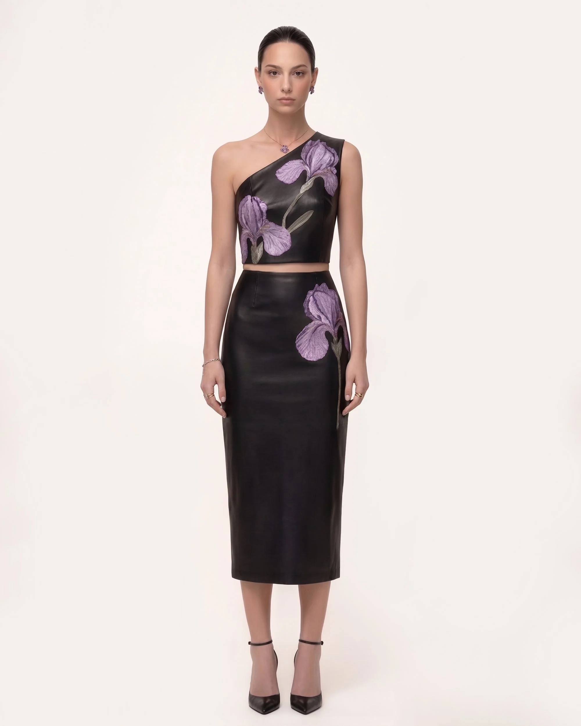 Iris High-Waist-Leder-Bleistiftrock in Midilänge mit Blumenmuster - Schwarz
