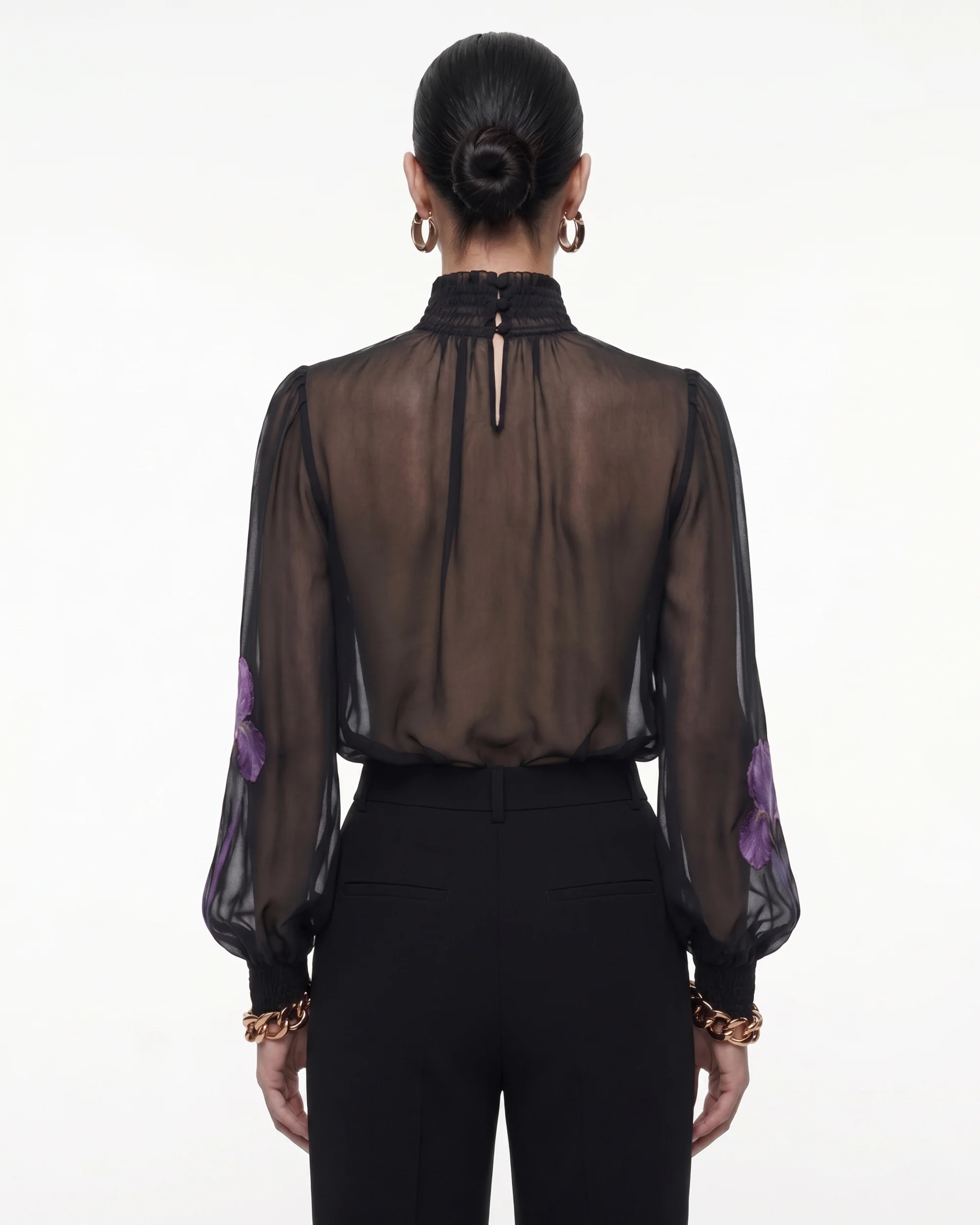 Transparente Stehkragenbluse mit Iris-Print - Schwarz/Lila - Image 2