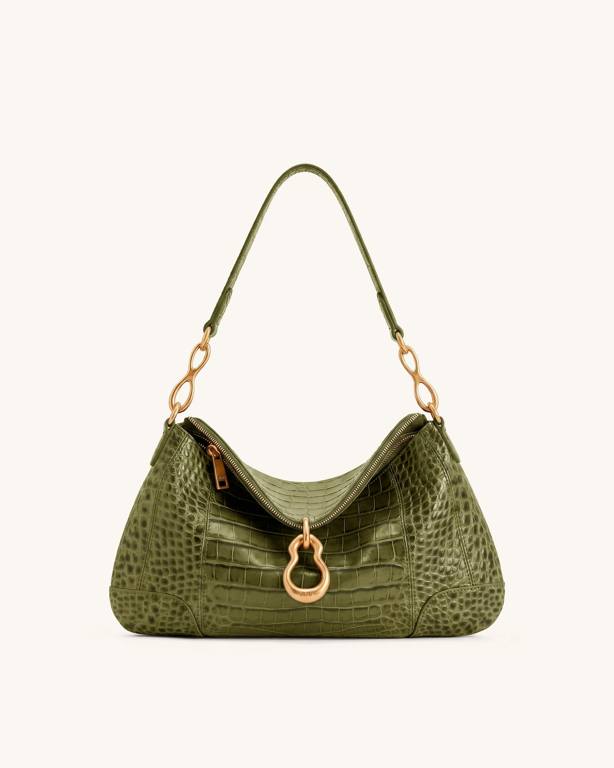 Jayla Schultertasche mit Metallanhänger-Verzierung - Grüne Krokoprägung