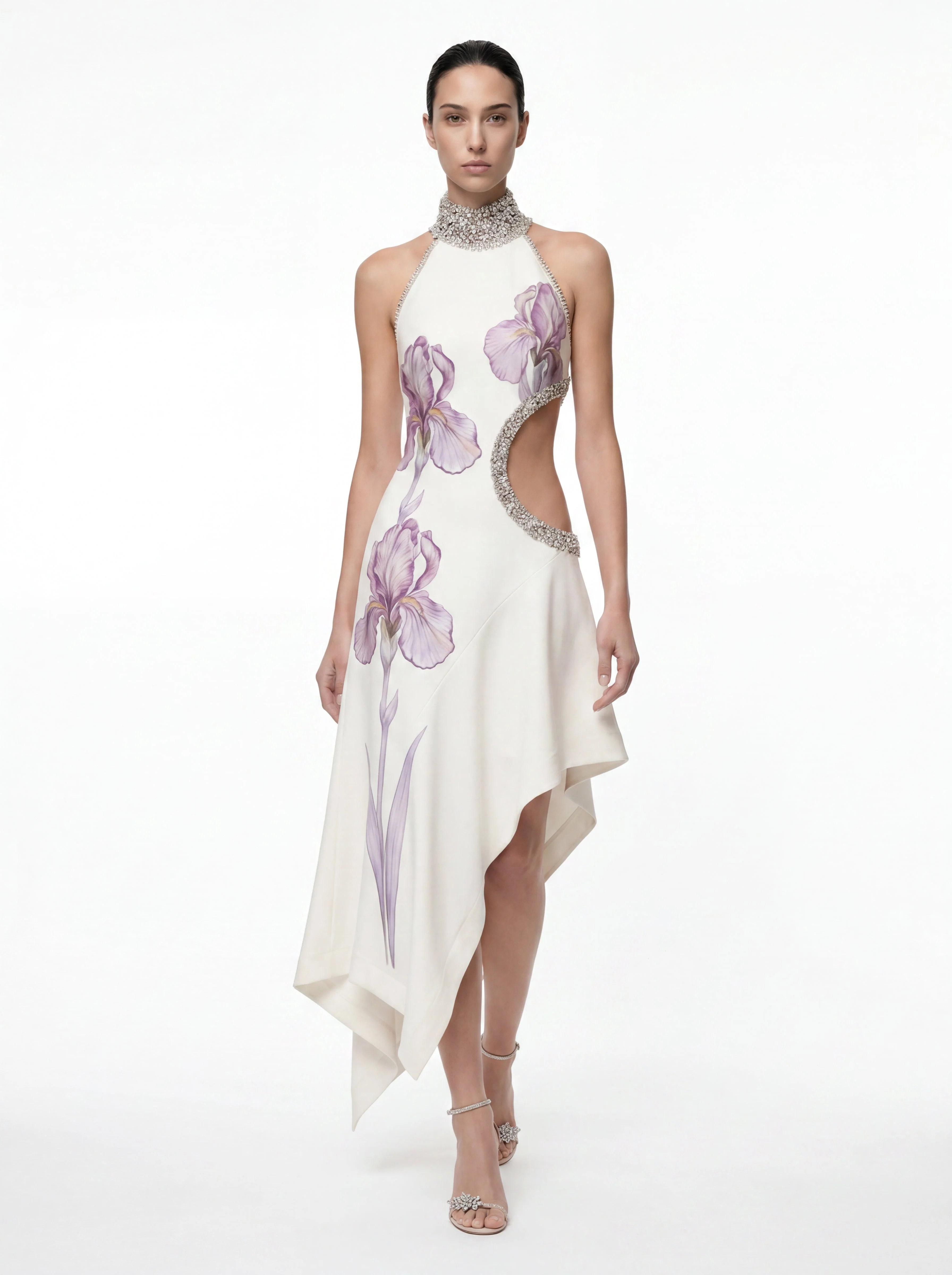 Hochgeschlossenes Kleid mit Schmucksteinen, Blumenmuster und Cut-outs - Weiß