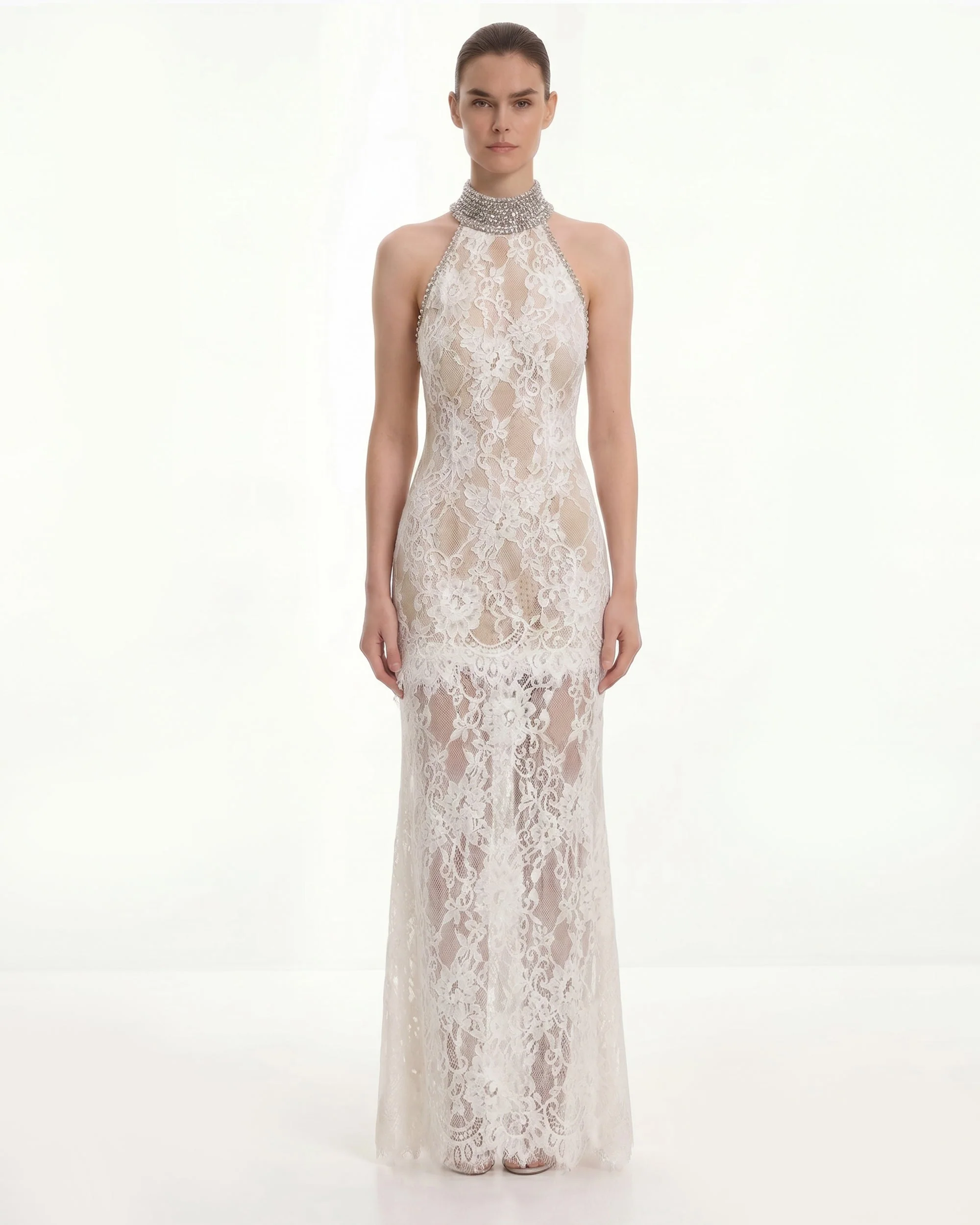 Juwelenbesetztes Neckholder-Kleid aus Spitze - Weiß