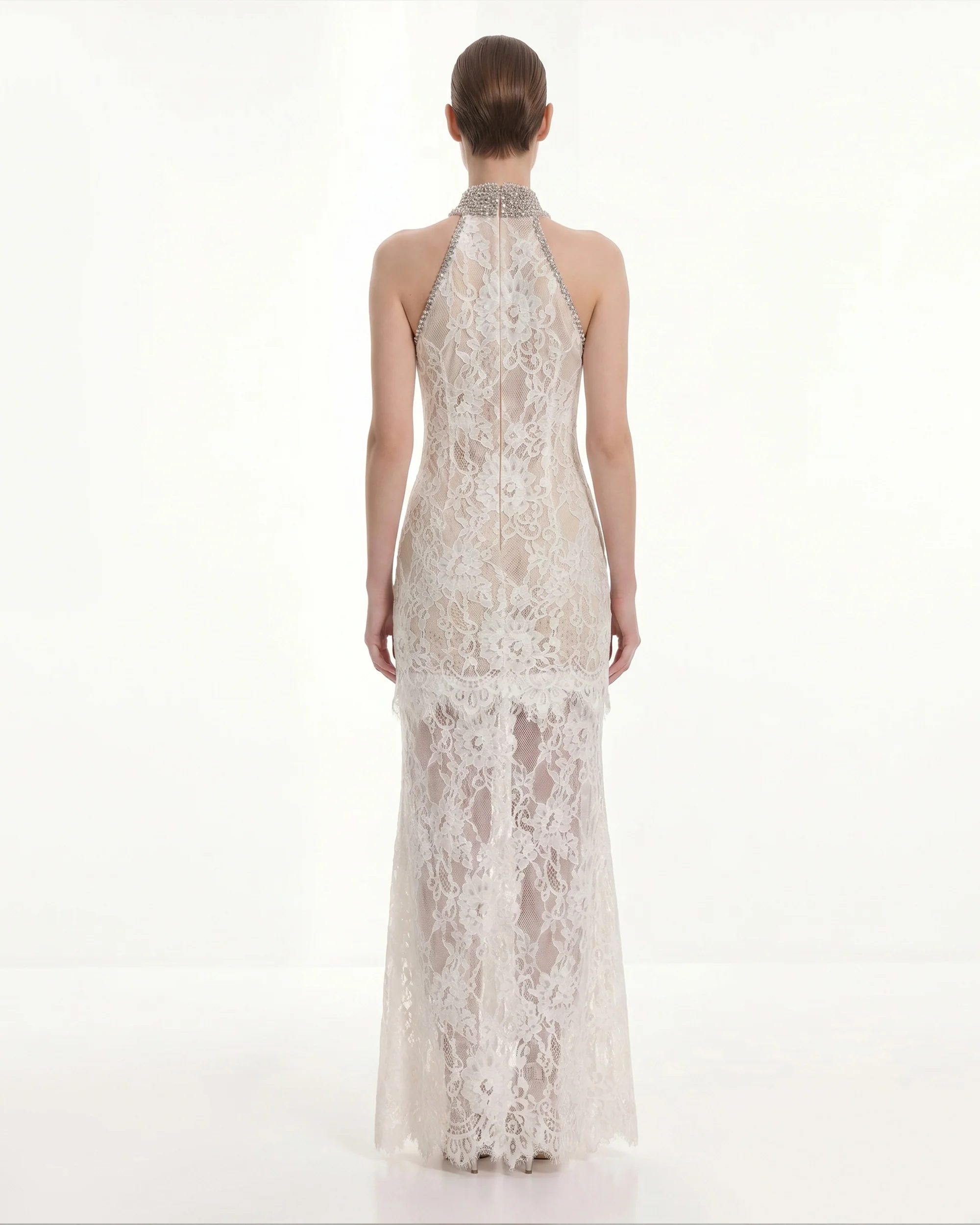 Juwelenbesetztes Neckholder-Kleid aus Spitze - Weiß - Image 2