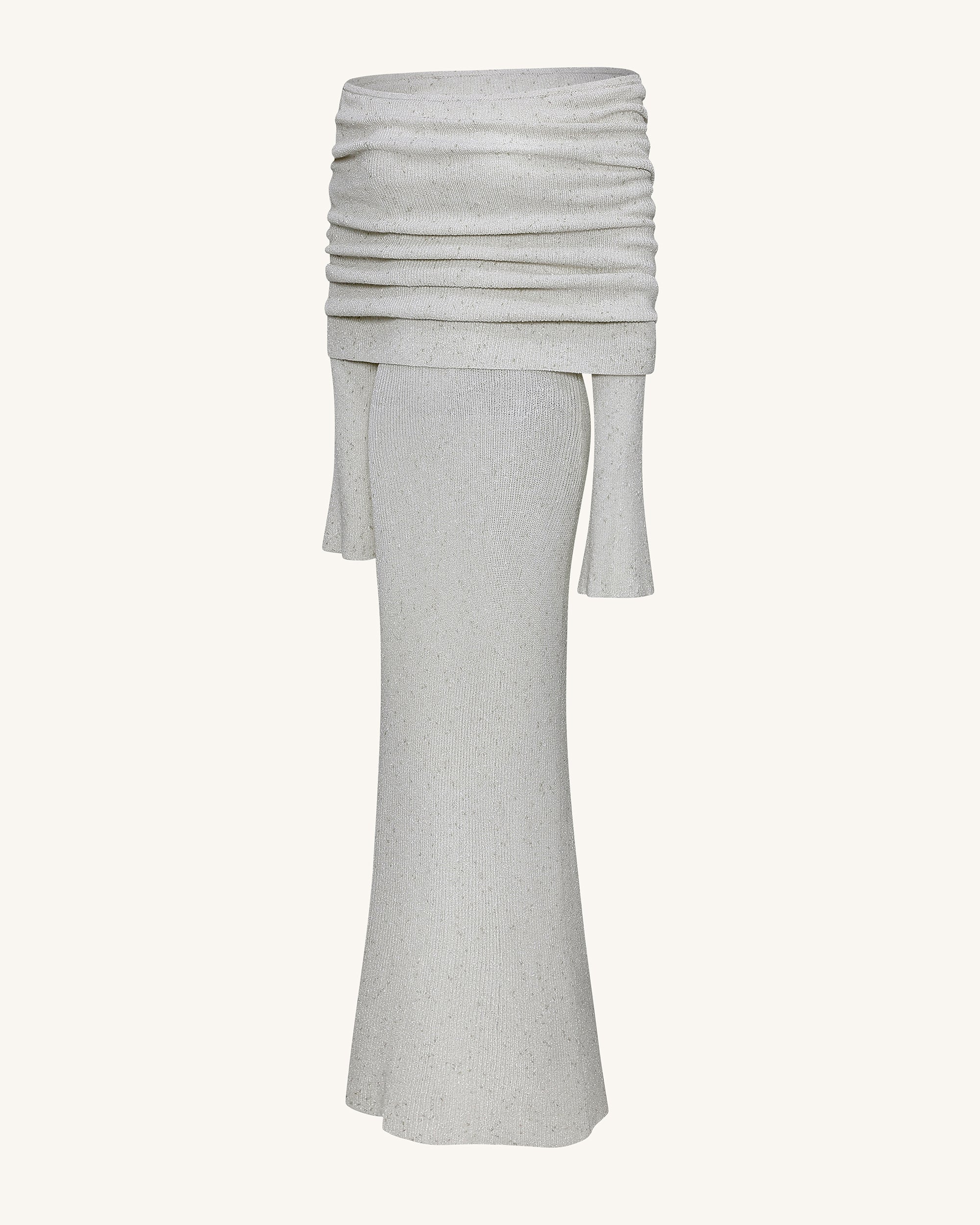 Knit Maxikleid mit schulterfreiem Ausschnitt - Creme - Image 5