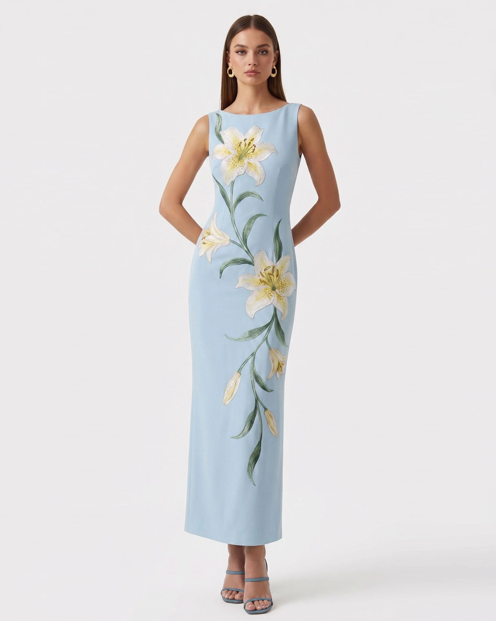 Lily Ärmelloses Maxi-Säulenkleid mit Blumenmuster - Hellblau