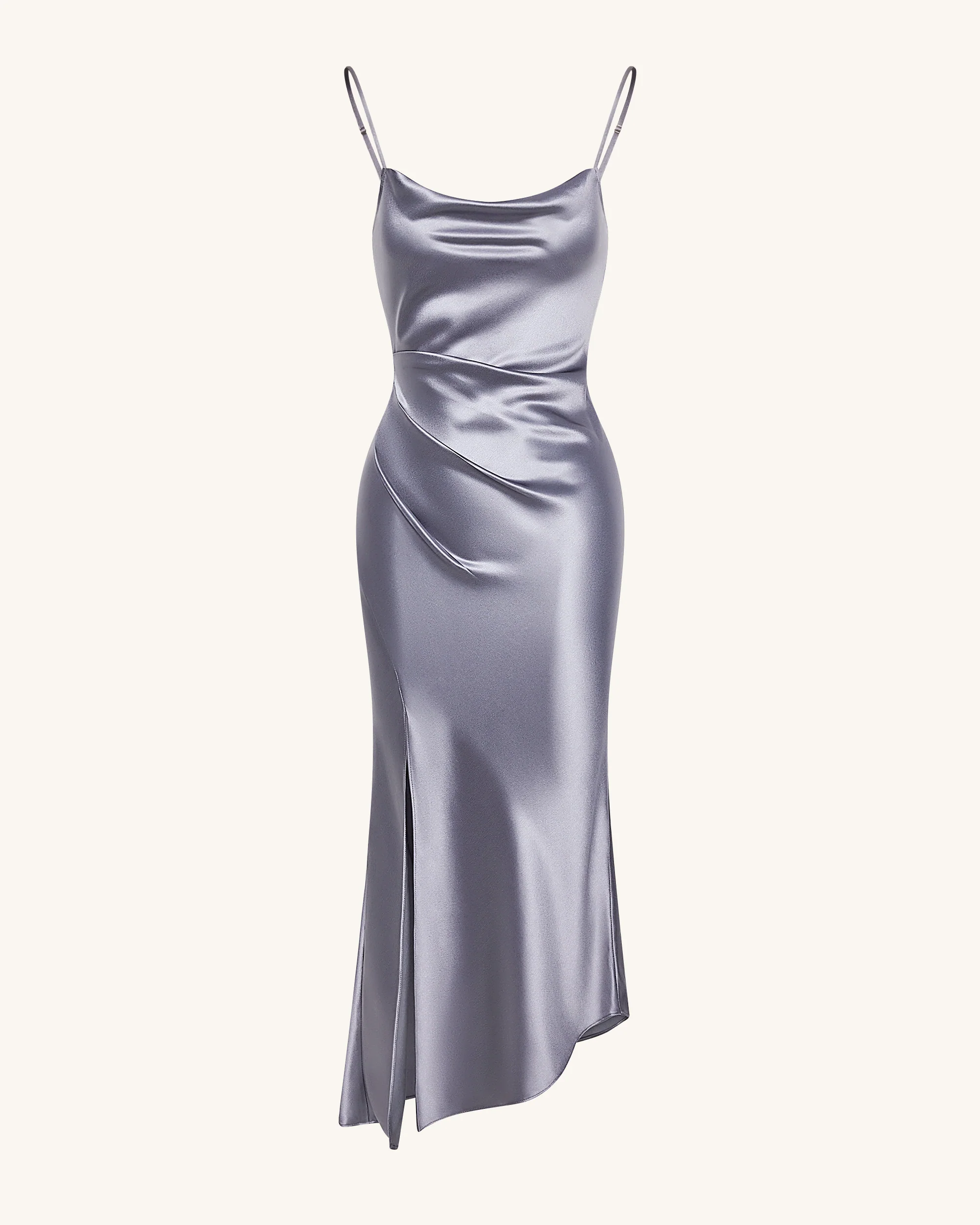 Liquid Satin Abendkleid mit Wasserfallausschnitt und Schlitz - Silber - Image 3