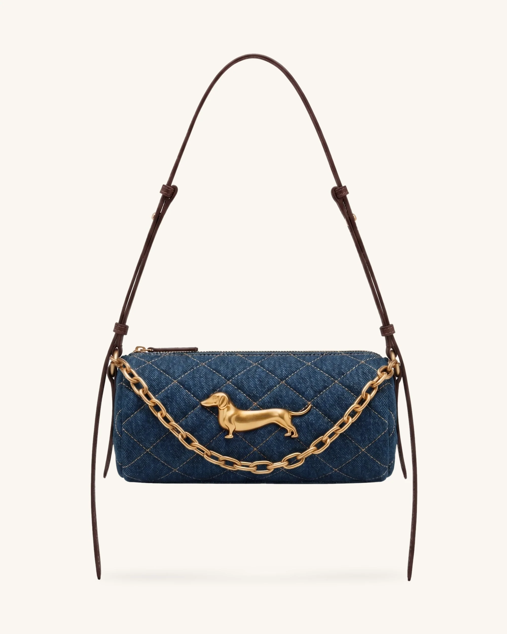 Lucienne Gesteppte Dackel-Schultertasche mit Kette - Blue Denim