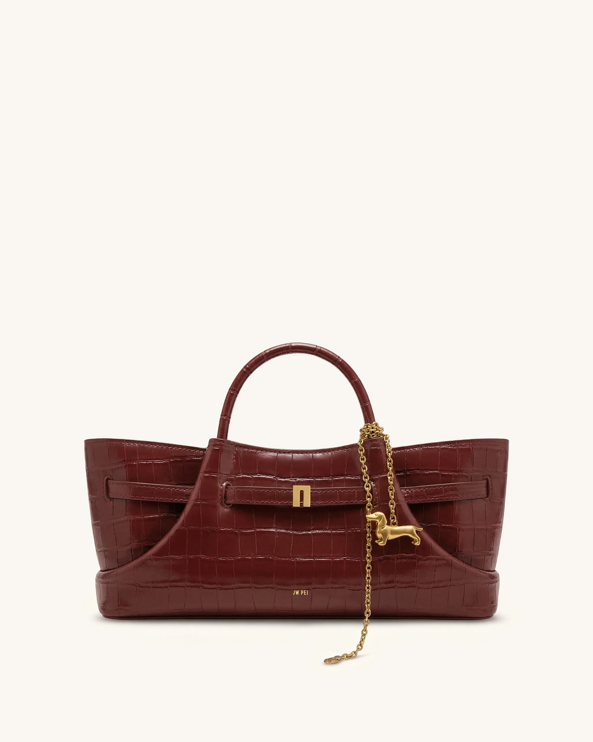Maeve Tote Bag mit Dackel-Metallanhänger – Burgund in Kroko-Optik