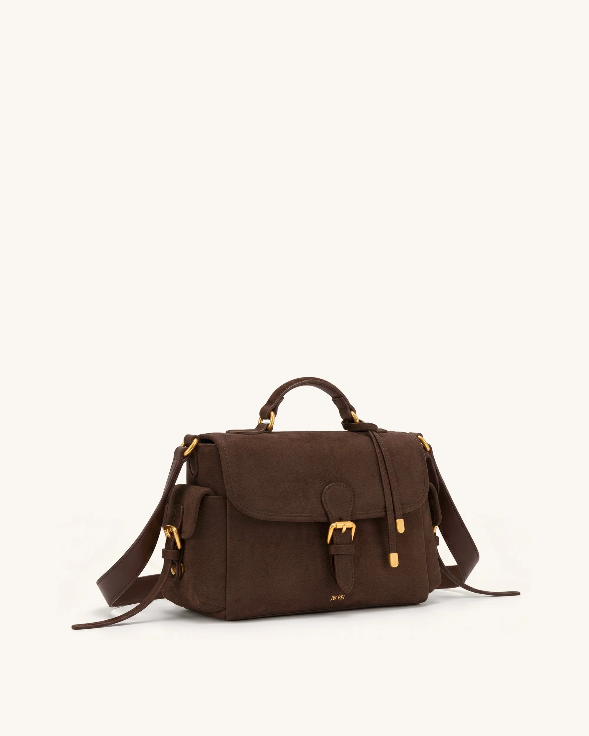 Marina Crossbody-Tasche mit Klappe aus Wildlederimitat, mehreren Taschen und Tragegriff - Dunkelbraun - Image 3