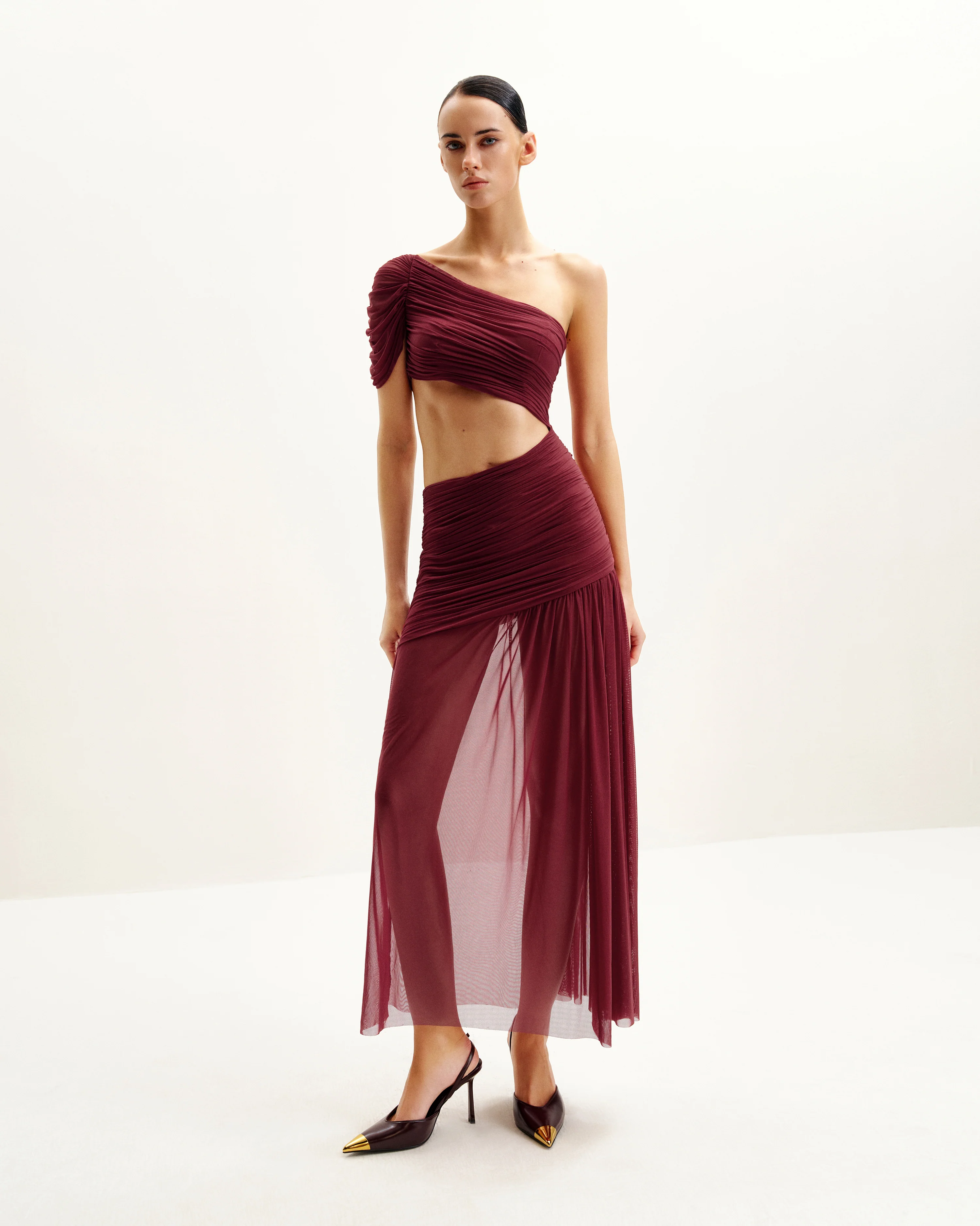 Mia Plissiertes Meshkleid - Burgunderrot - Image 3