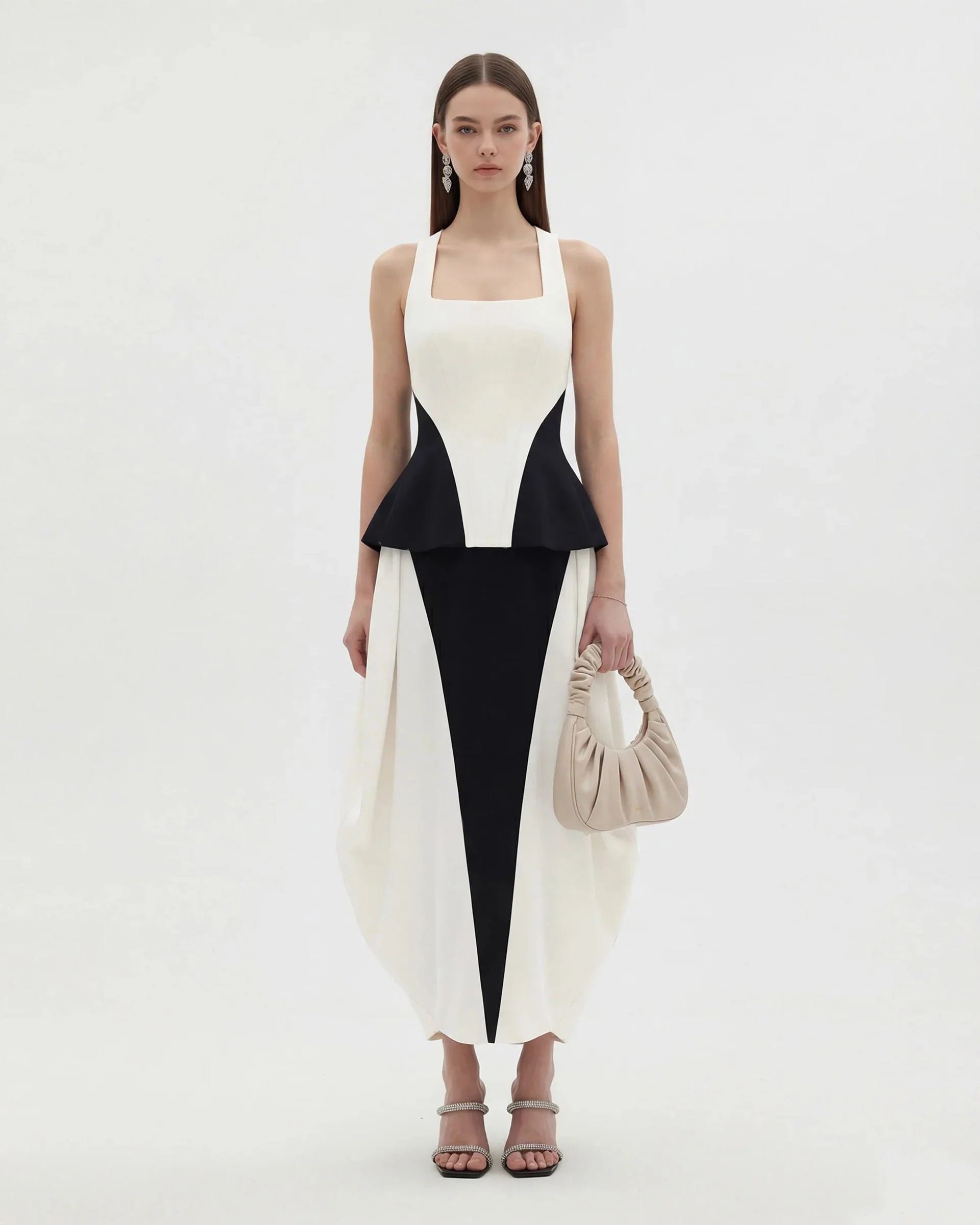 Monochromes Peplum-Top im Paneel-Design mit eckigem Ausschnitt - Schwarz