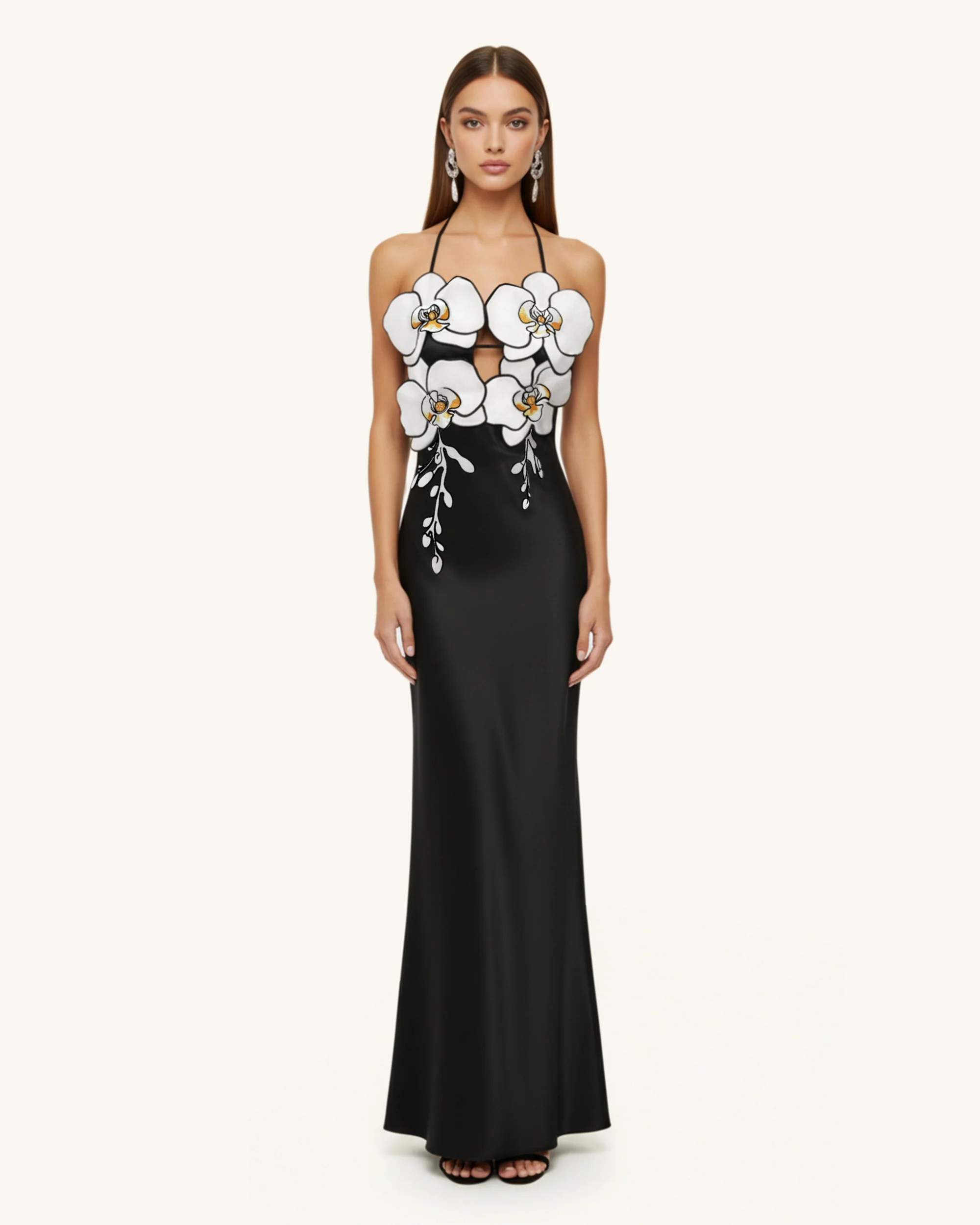 Orchideenbesticktes Kleid – Schwarz/Weiß
