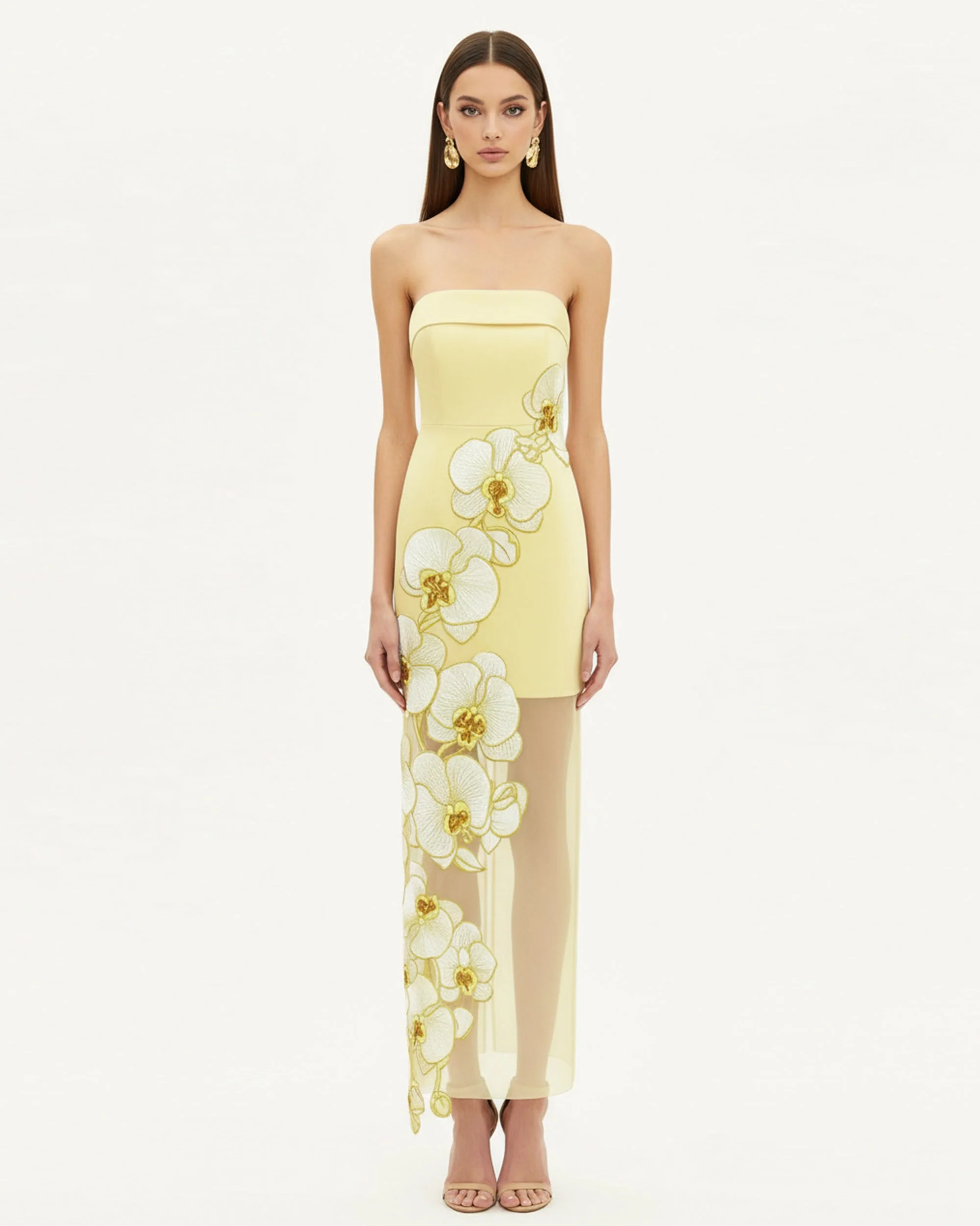 Kleid mit Orchideenstickerei – Gelb