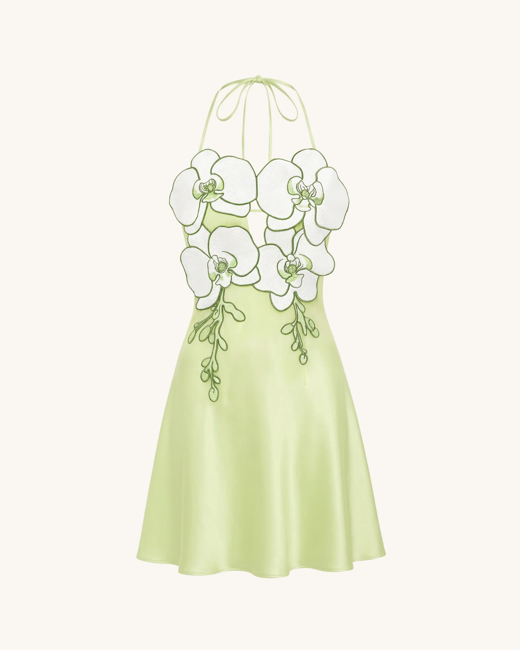 Neckholder-Mini-Kleid mit Orchideen-Stickerei - Hellgrün - Image 3
