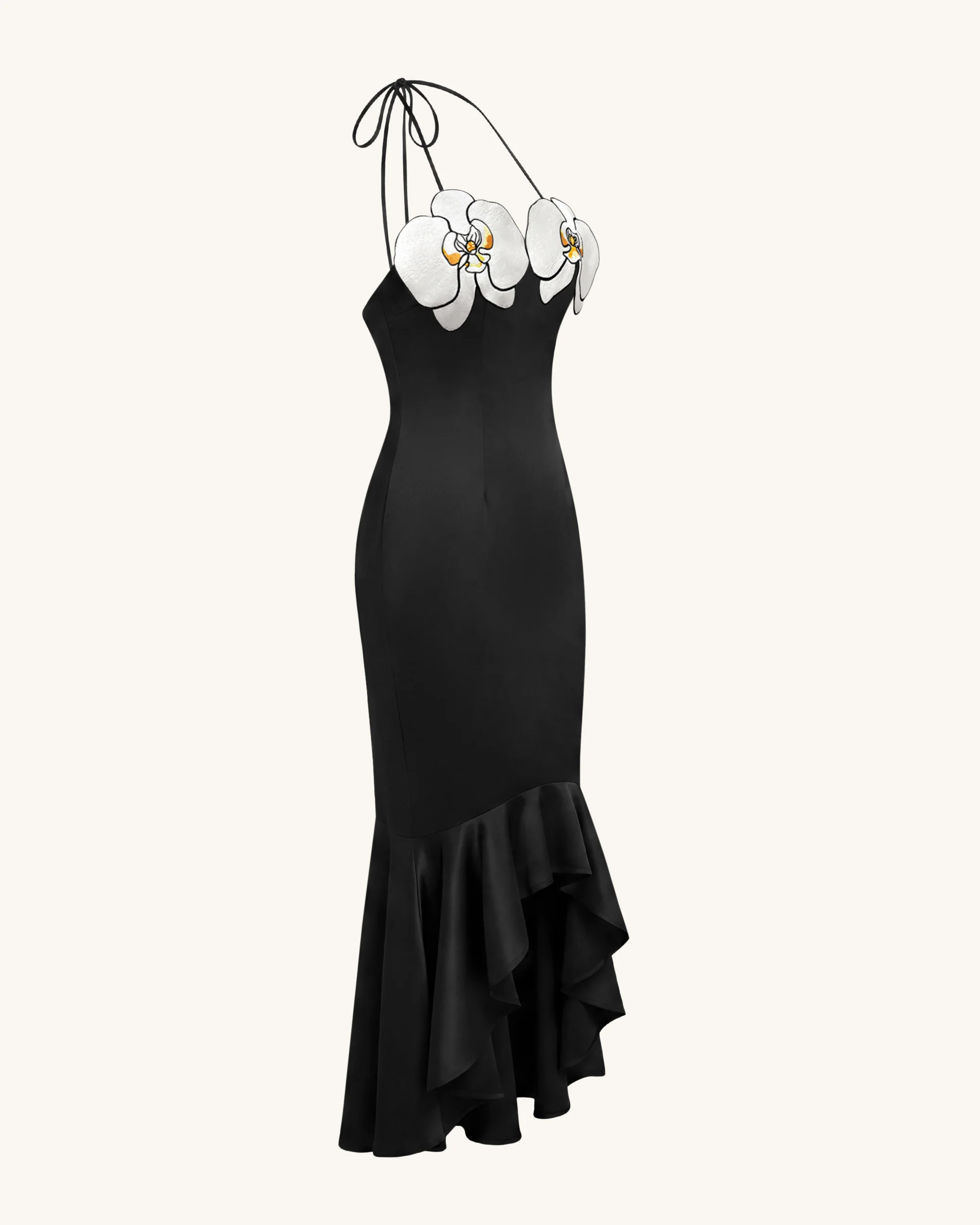 High-Low Midi-Kleid mit Orchideen-Stickerei - Schwarz - Image 3