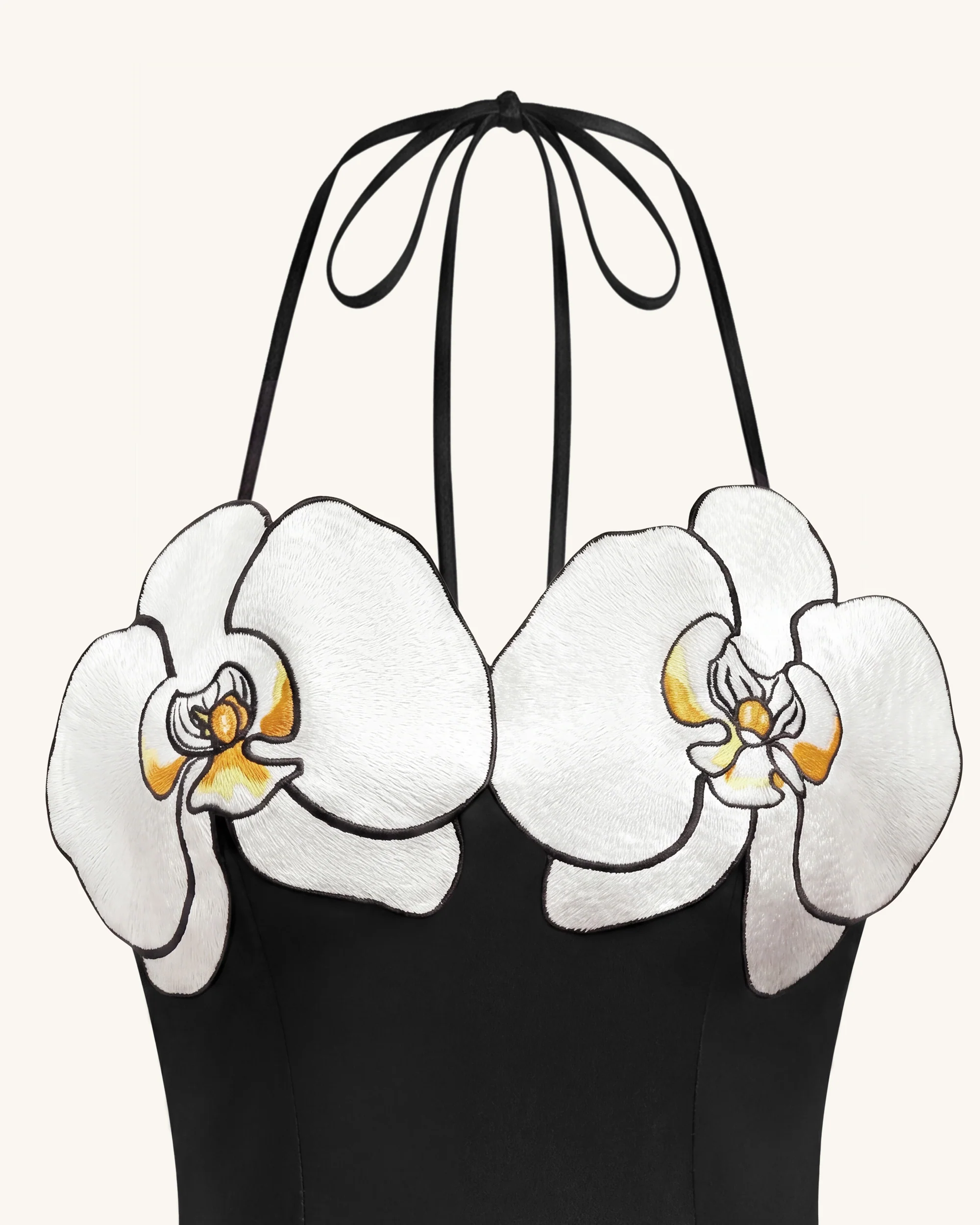 High-Low Midi-Kleid mit Orchideen-Stickerei - Schwarz - Image 5