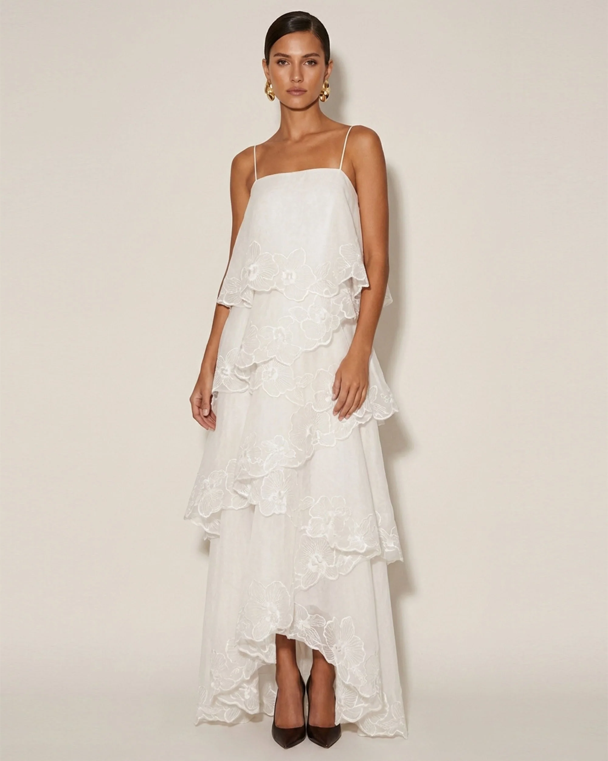 Maxikleid im Lagen-Look mit Orchideen-Stickerei - Weiß