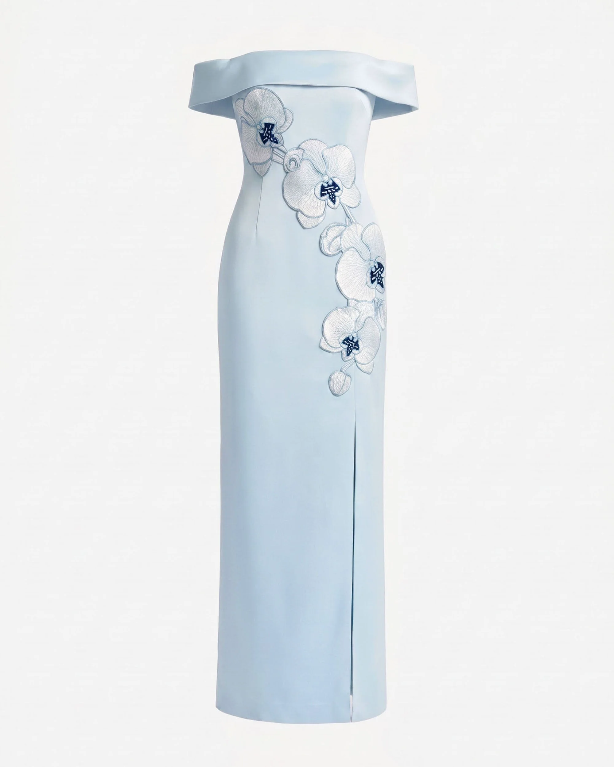 Schulterfreies Maxikleid mit Orchideenbestickung - Blau - Image 2