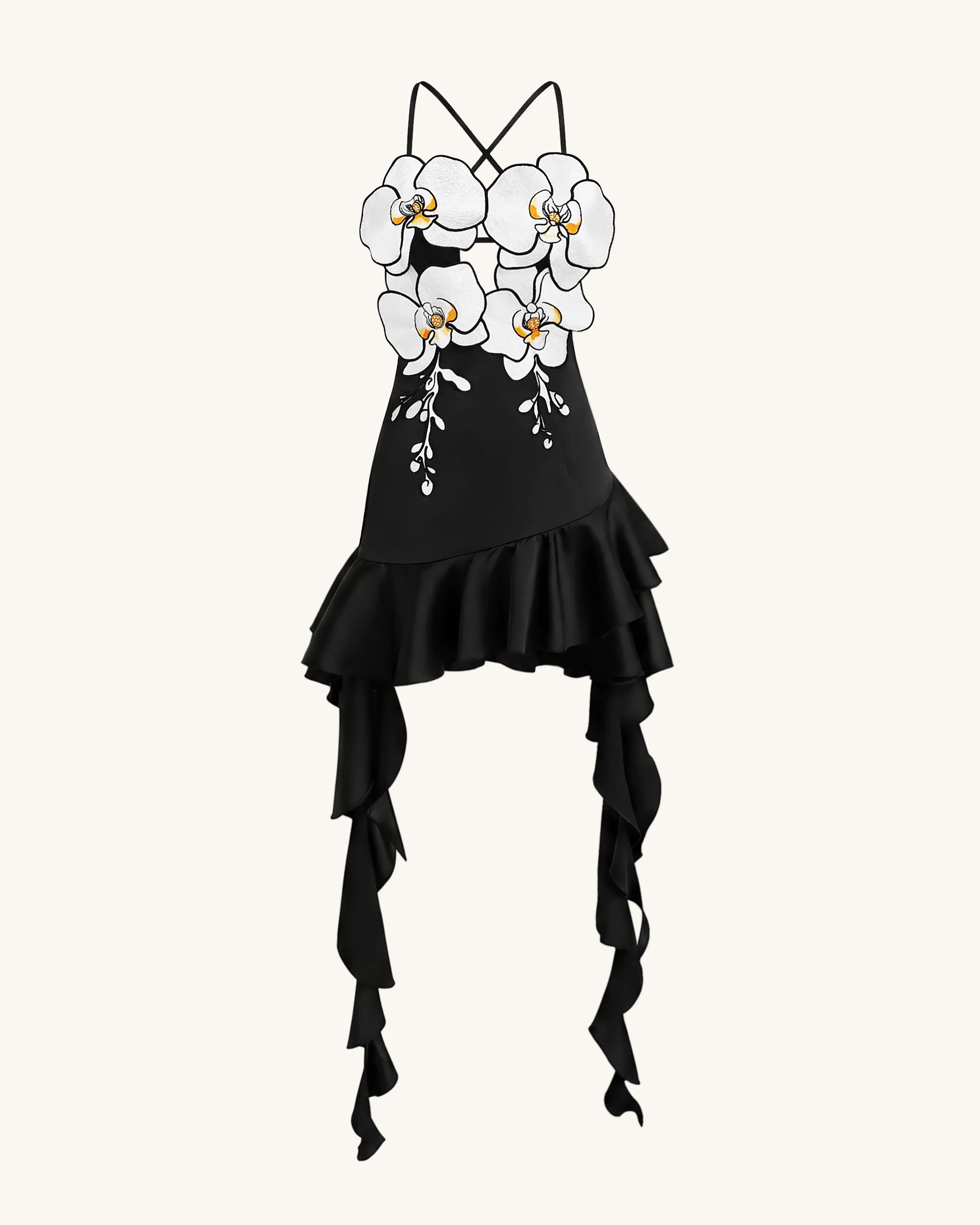 Mini-Kleid mit Orchideen-Stickerei und Rüschensaum - Schwarz - Image 3