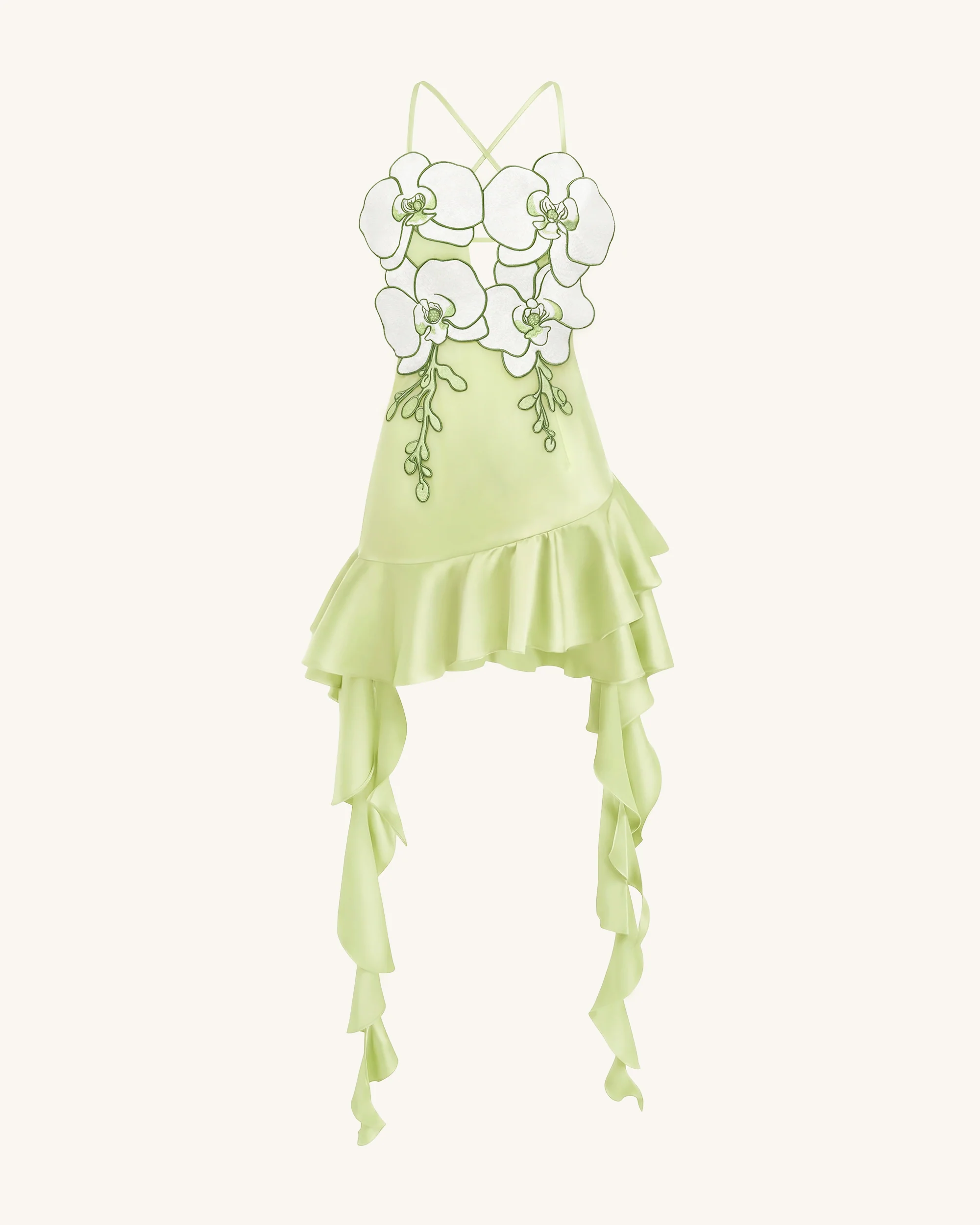 Mini-Kleid mit Orchideen-Stickerei und Rüschensaum - Hellgrün - Image 3