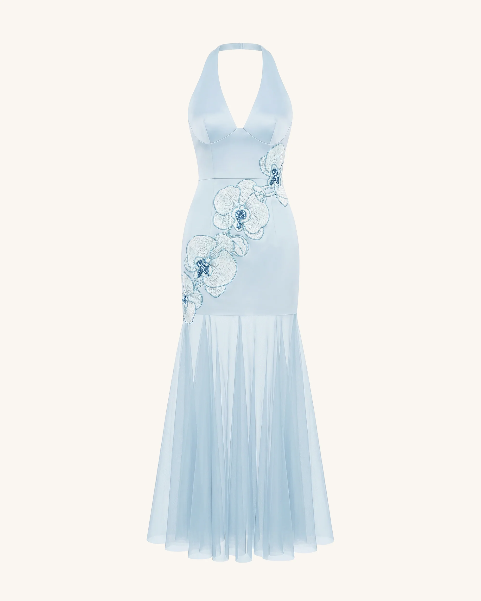 Orchid Besticktes Maxikleid mit transparentem Saum und Neckholder - Hellblau - Image 3