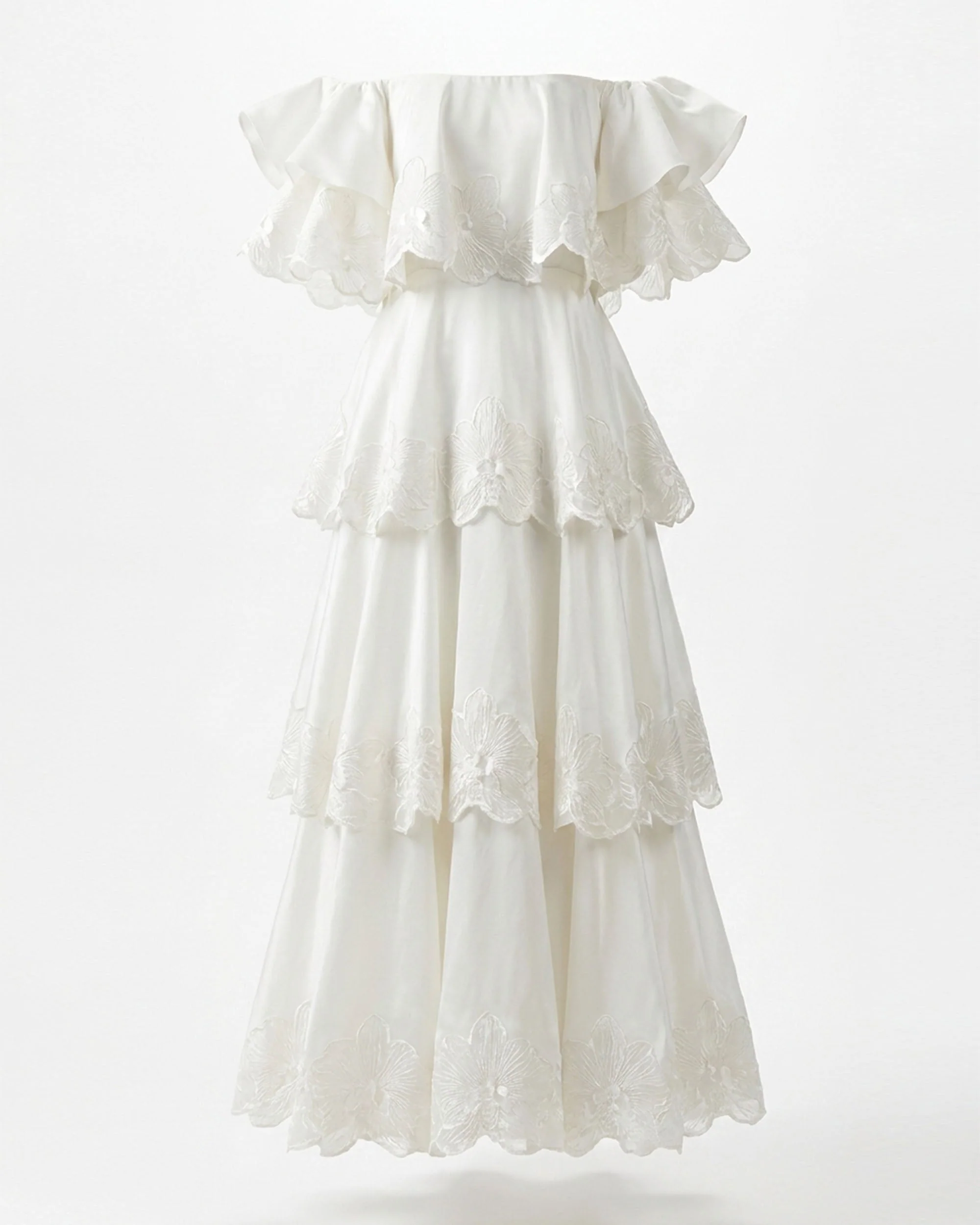 Schulterfreies Stufen-Maxikleid mit Orchideen-Stickerei - Weiß - Image 2