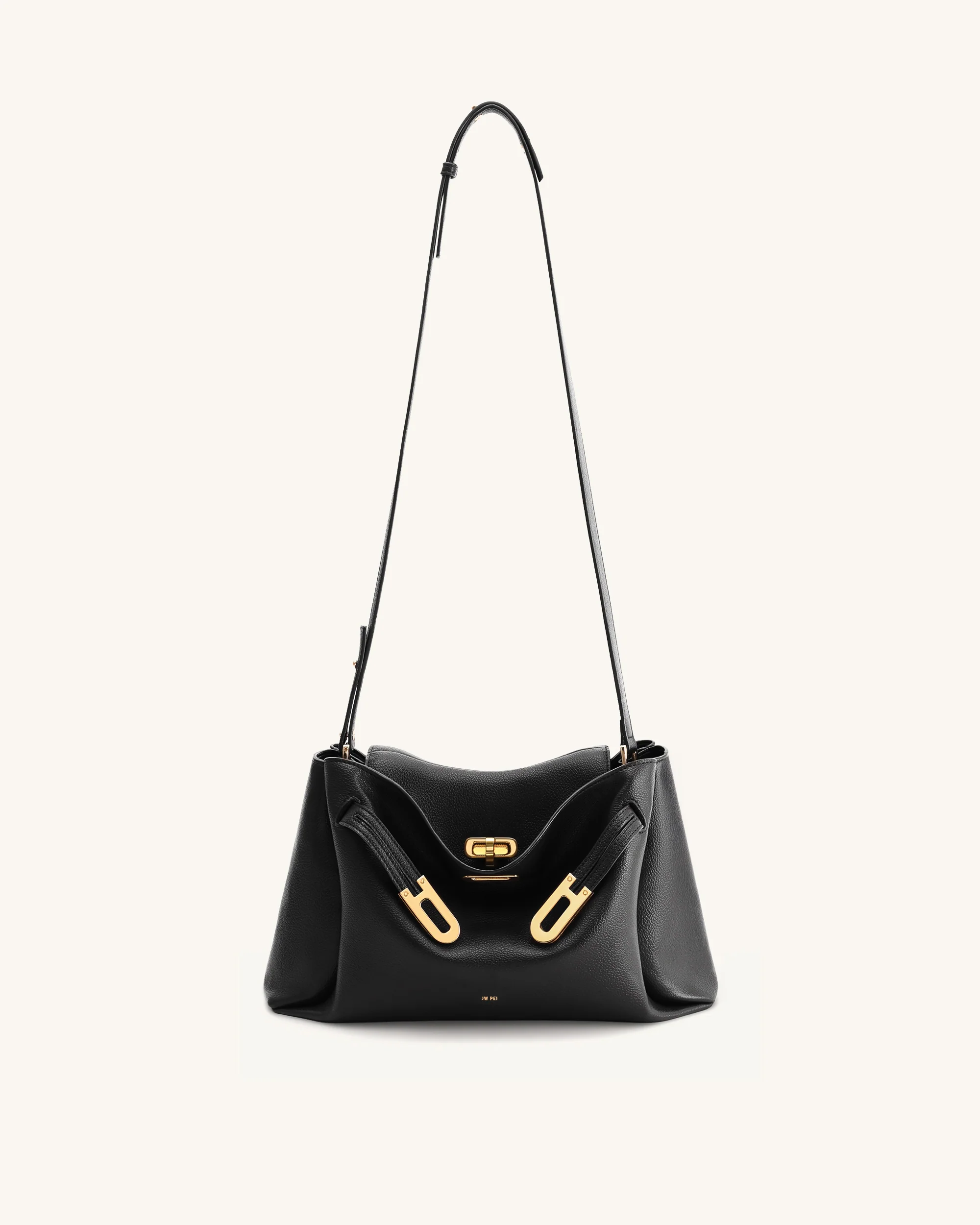 Rhea Schultertasche mit doppelter Schnalle und Narbenlederstruktur - Schwarz - Image 2