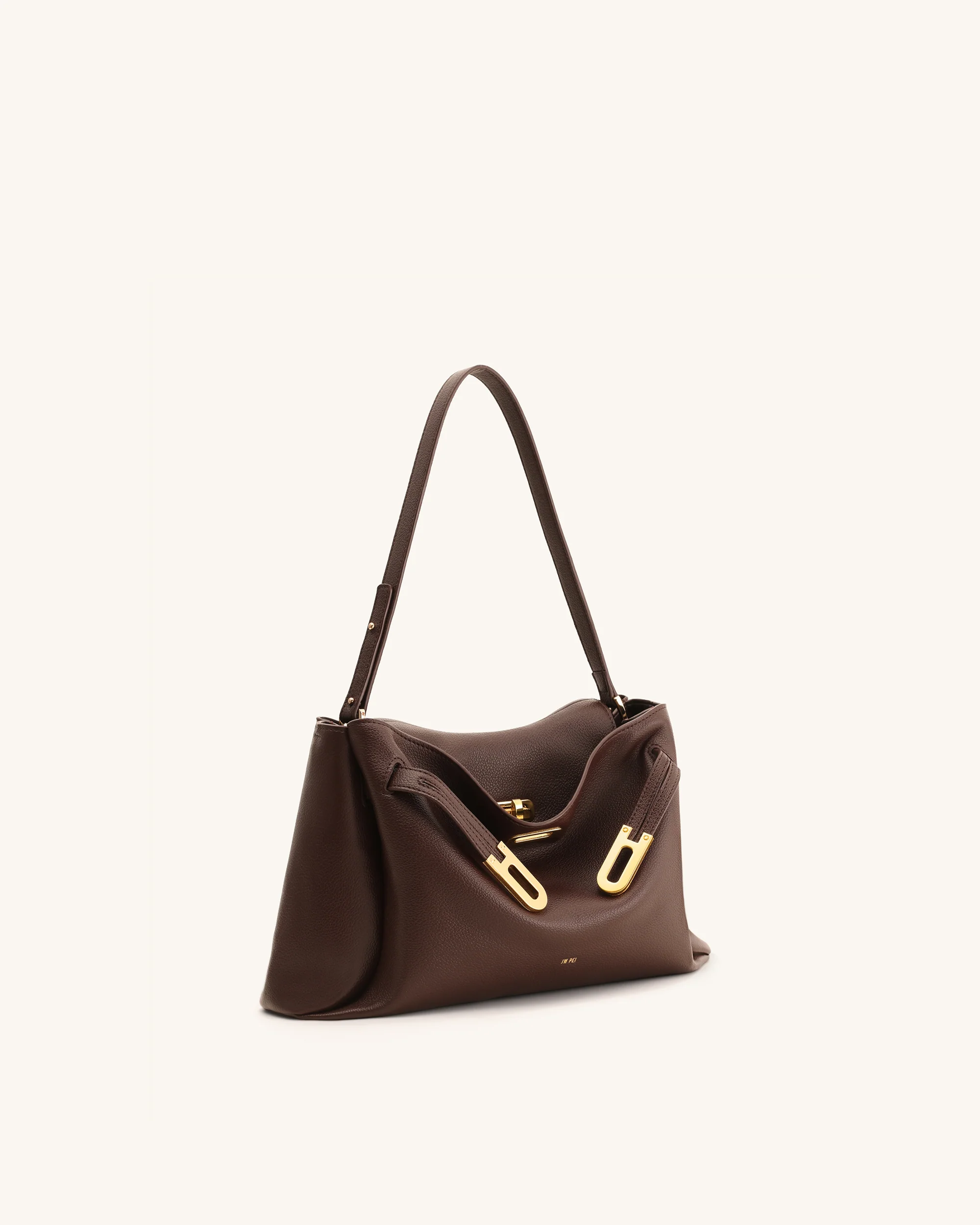 Rhea Schultertasche mit doppelter Schnalle und Narbenlederstruktur - Dunkelbraun - Image 3