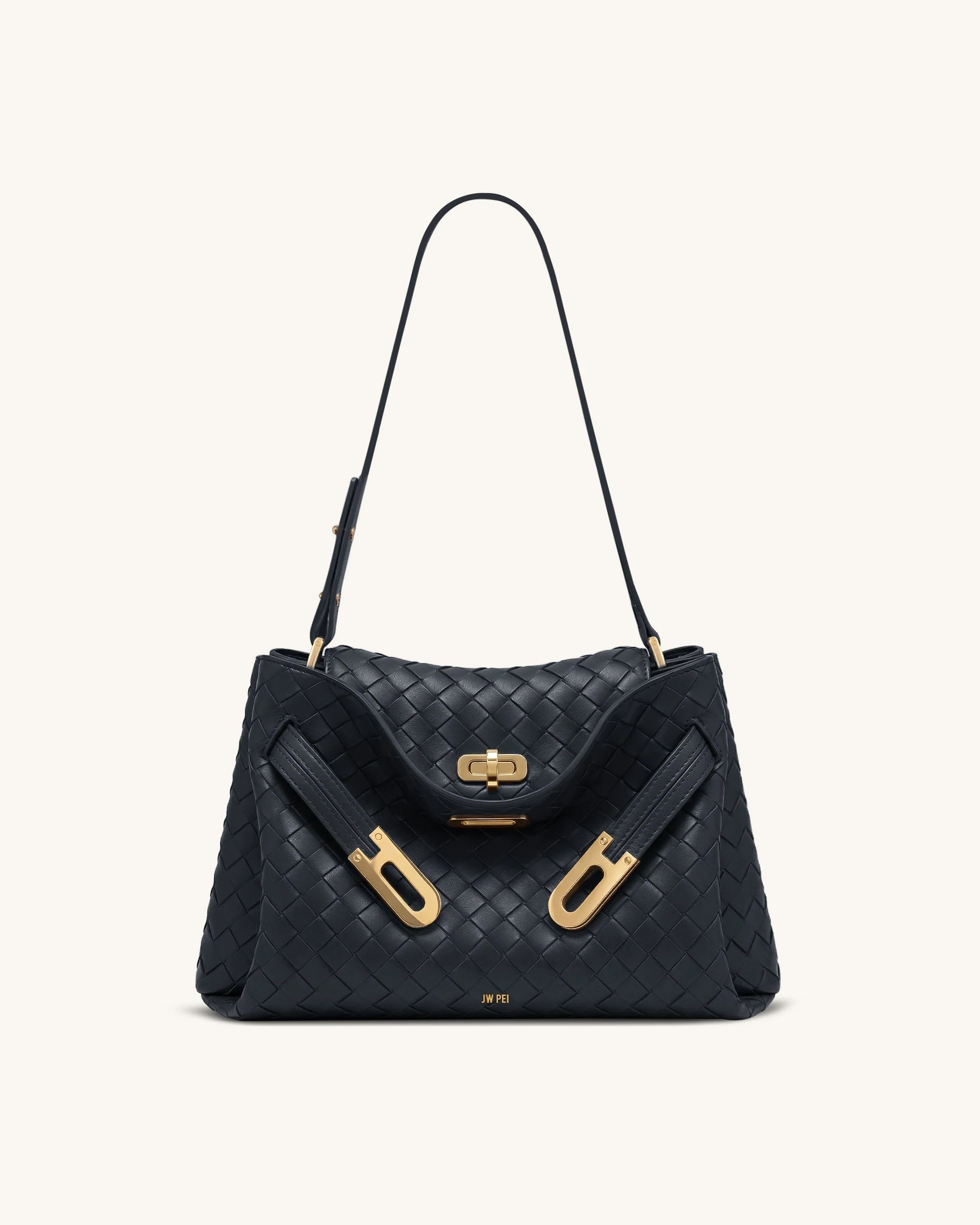 Rhea Schultertasche mit Webstruktur und Doppel-Schnalle - Marineblau