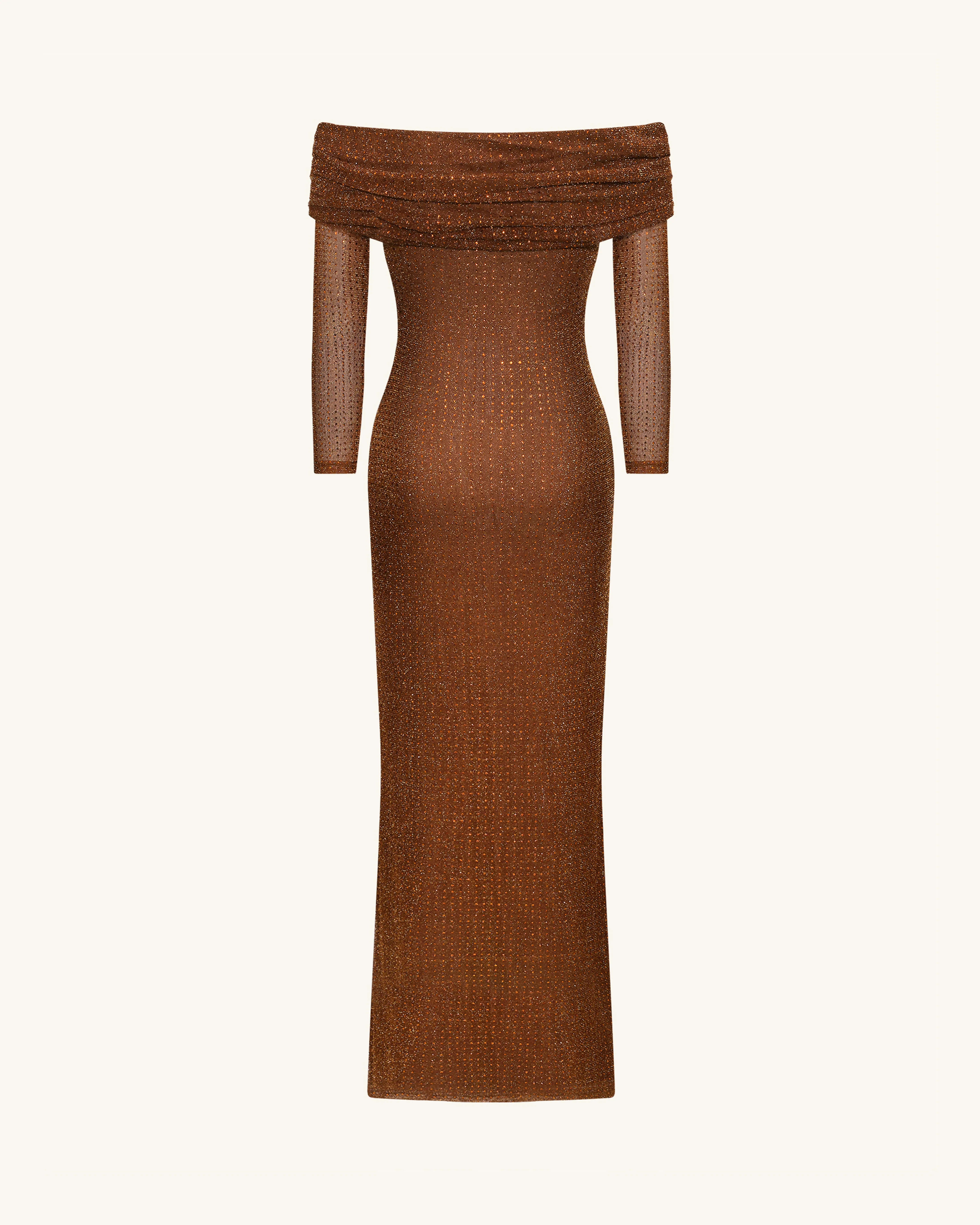 Strass-Netz Maxikleid mit schulterfreiem Ausschnitt - Braun - Image 6